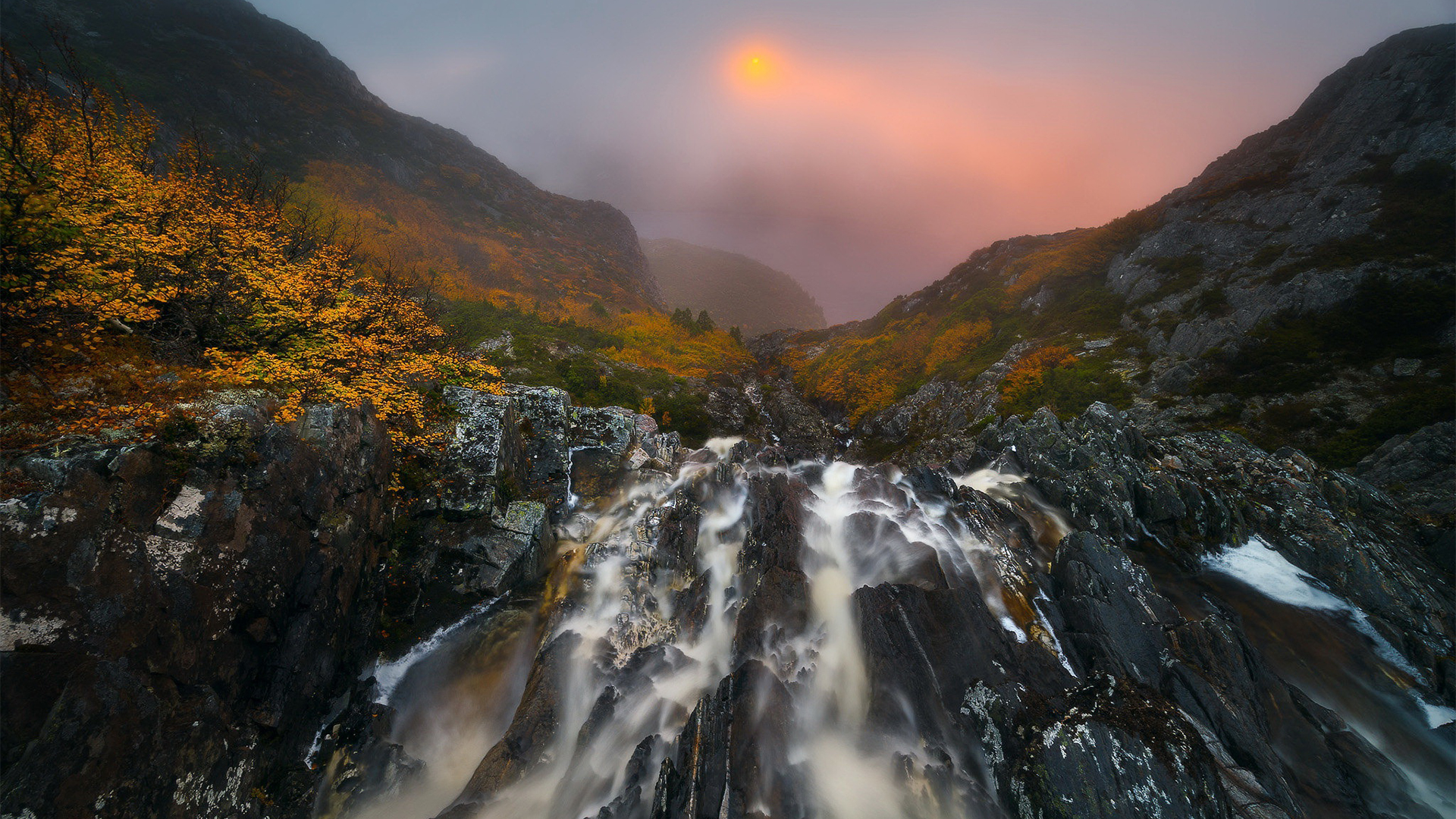 落日余晖,瀑布,秋