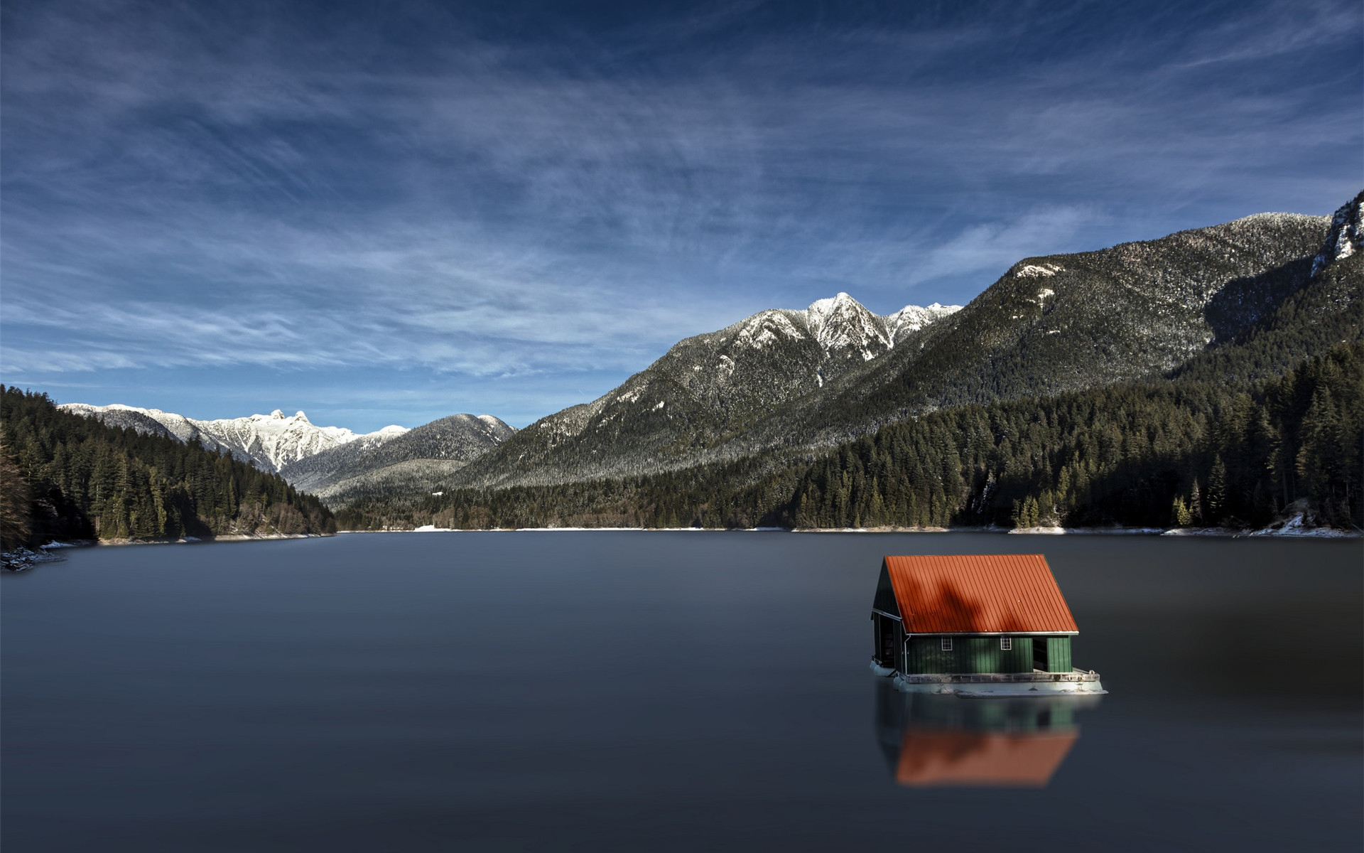 自然风光,小屋,湖泊