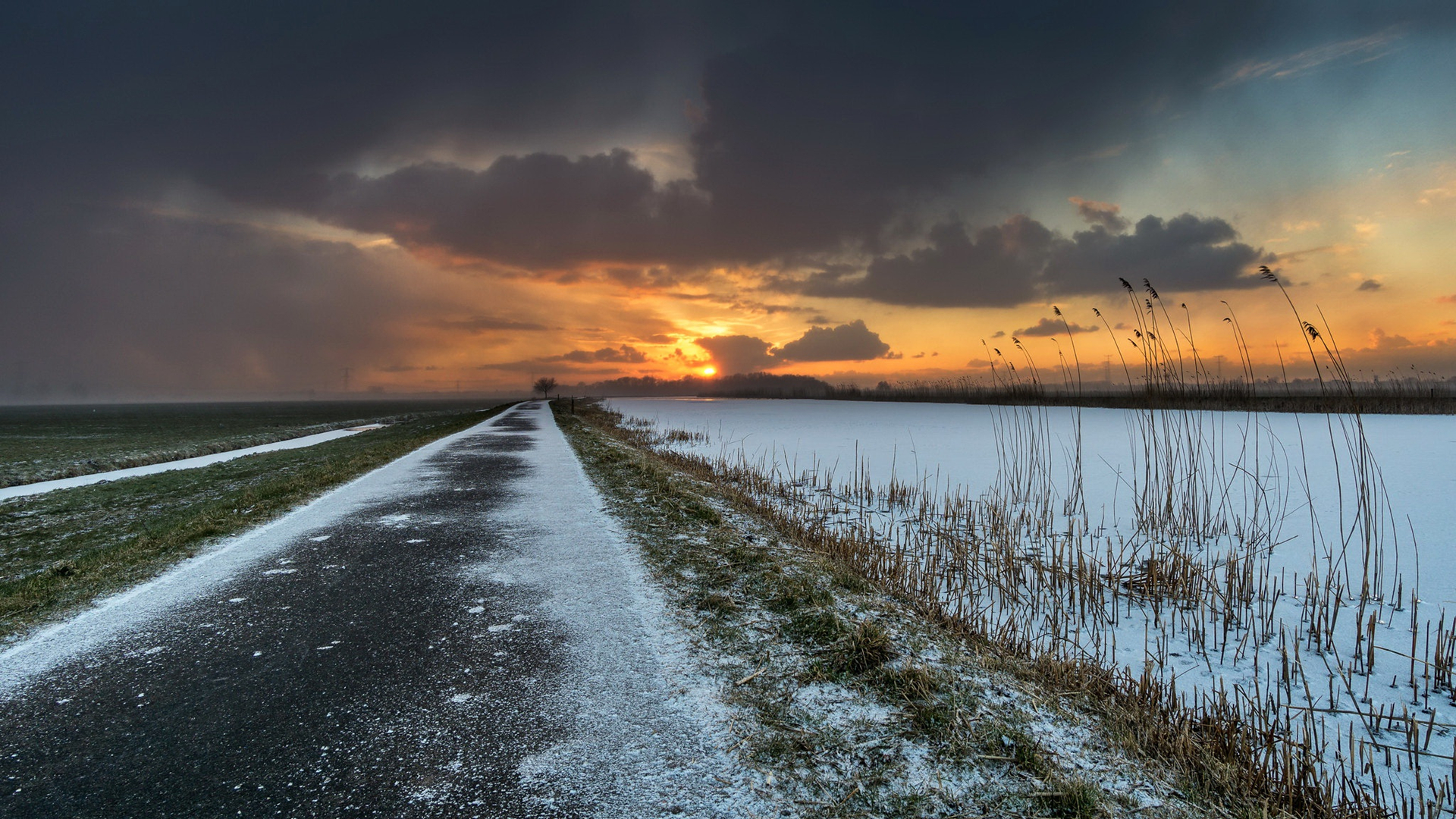 落日余晖,雪,平原