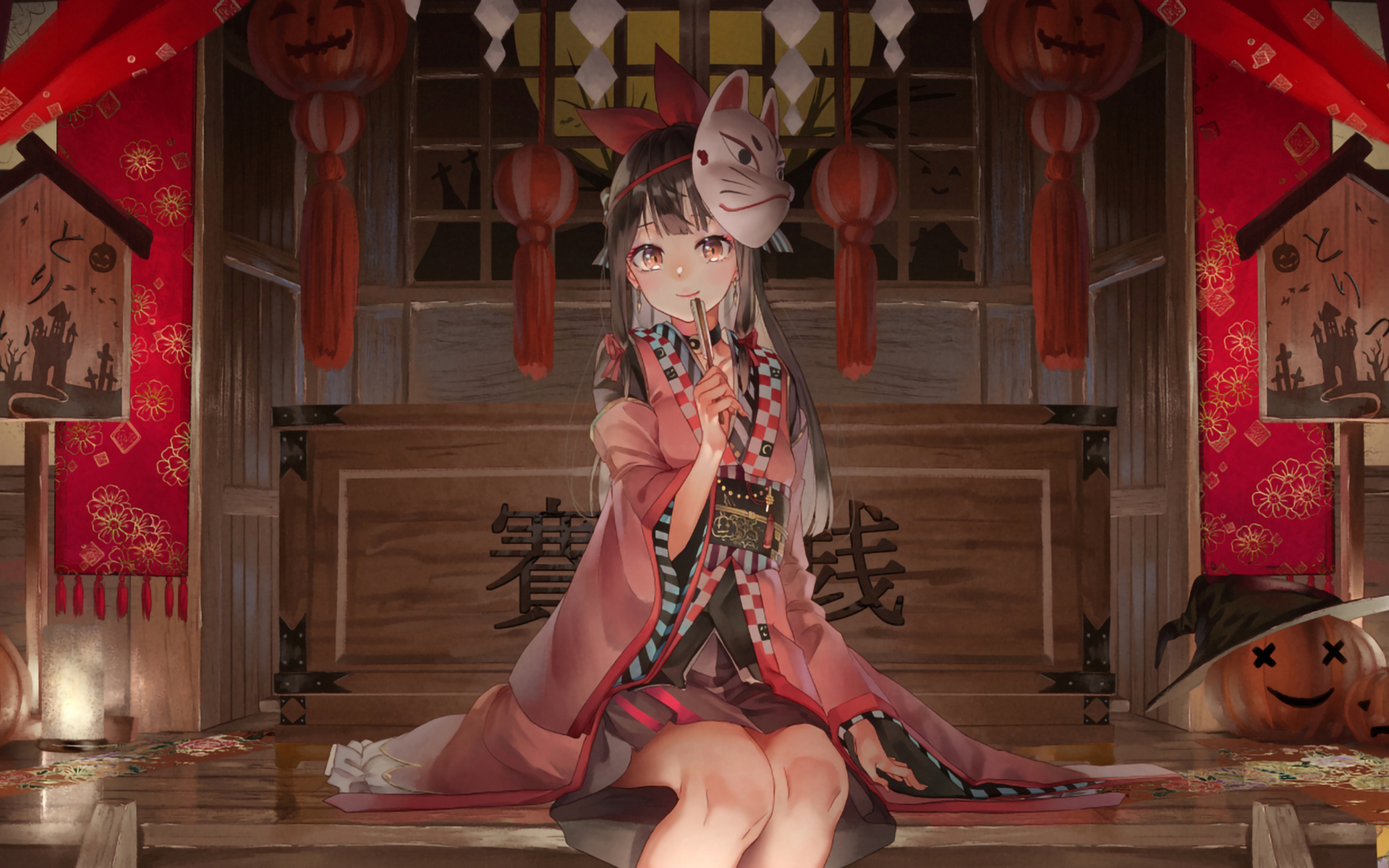 卡通人物,面具,神社