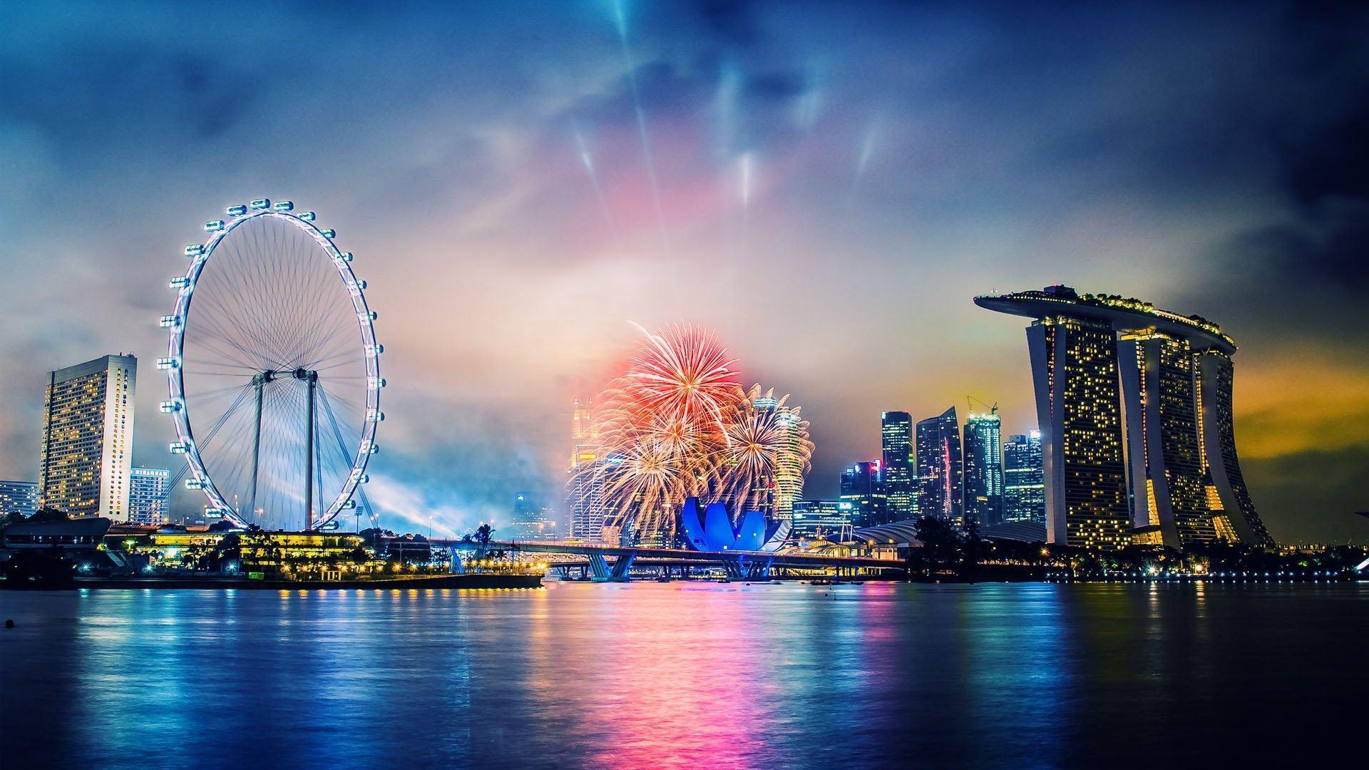 城市夜景,新加坡,烟火