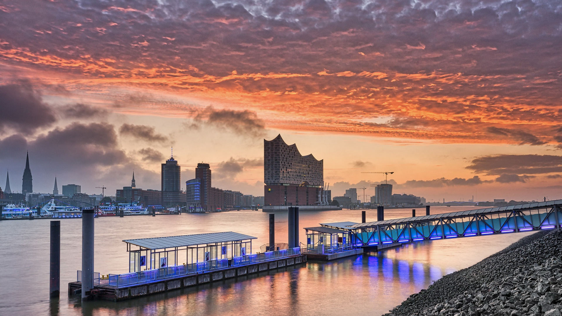 城市夜景,晚霞,海岸,火云