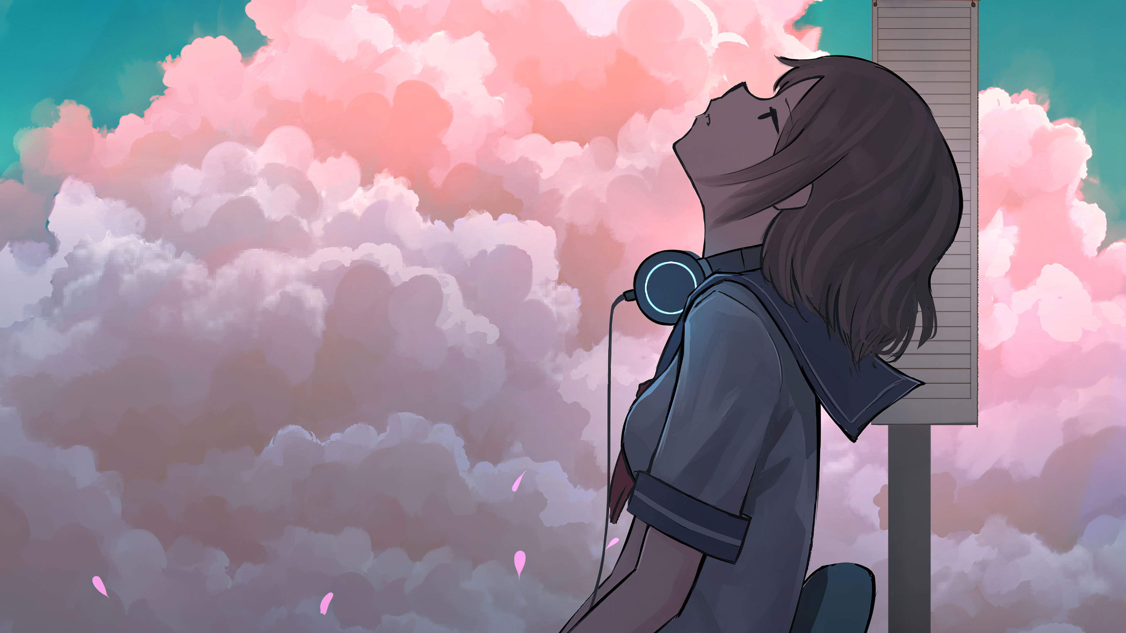 云,二次元,耳机,女孩