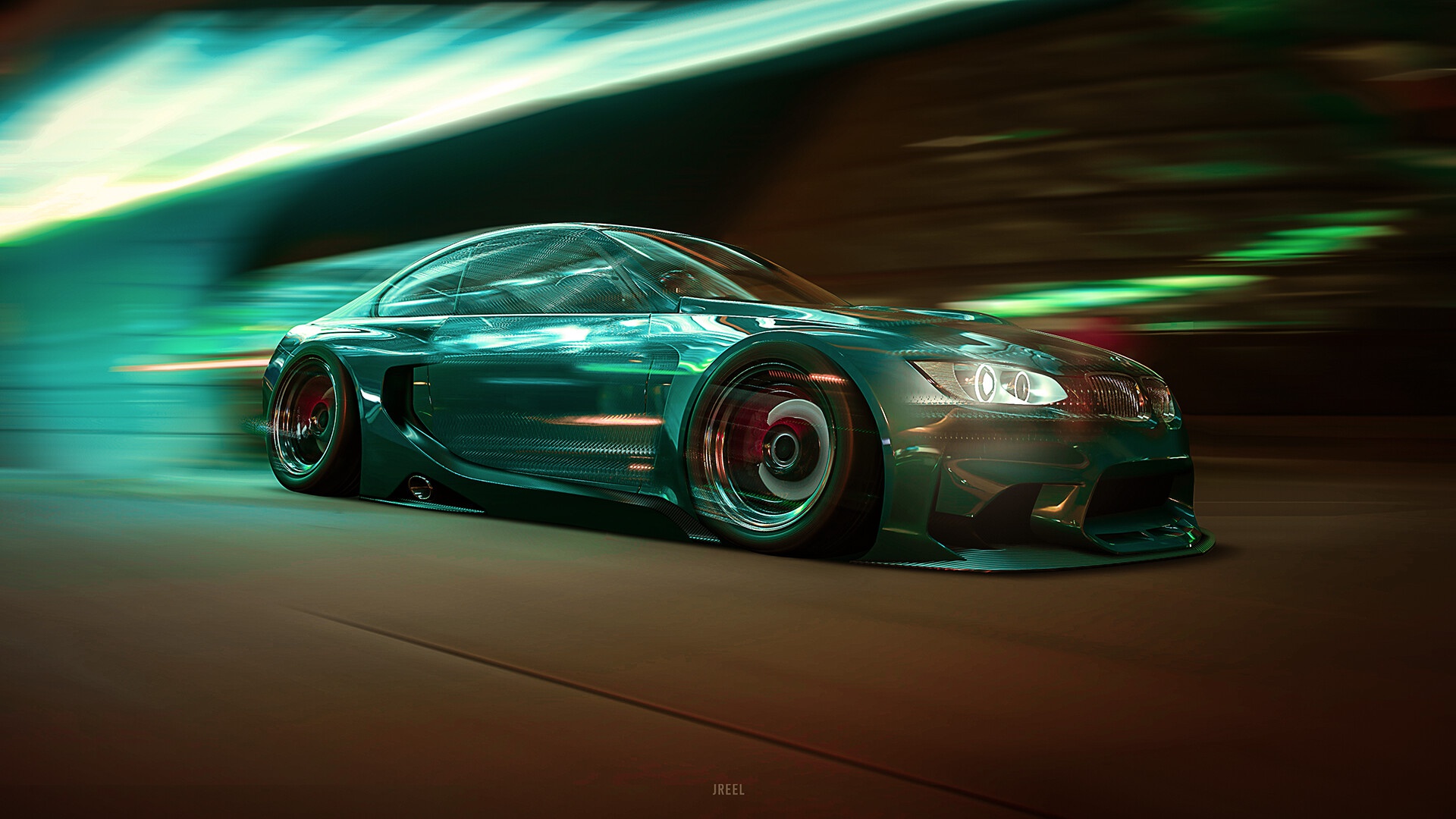 跑车,绿色,夜幕,疾驰