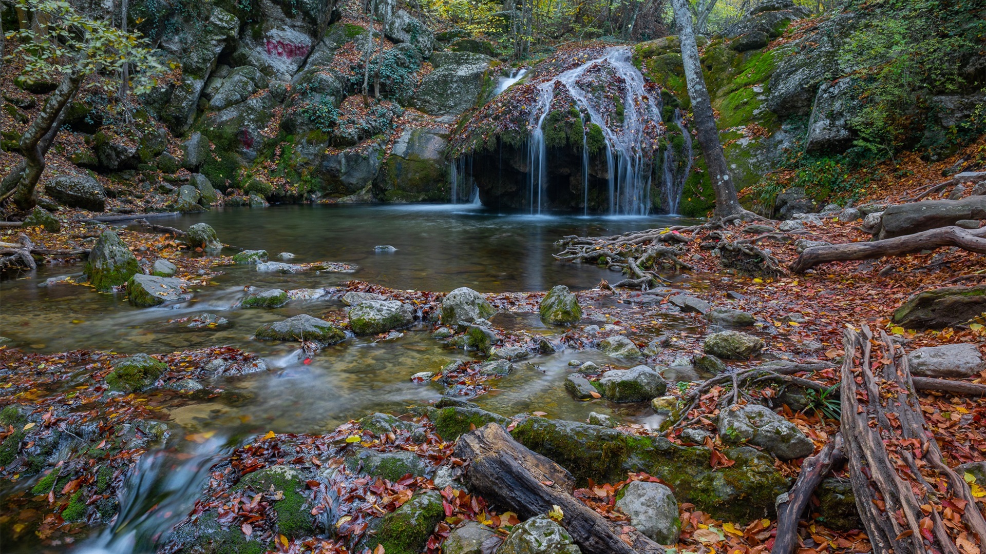 秋意正浓,瀑布,流水,落叶