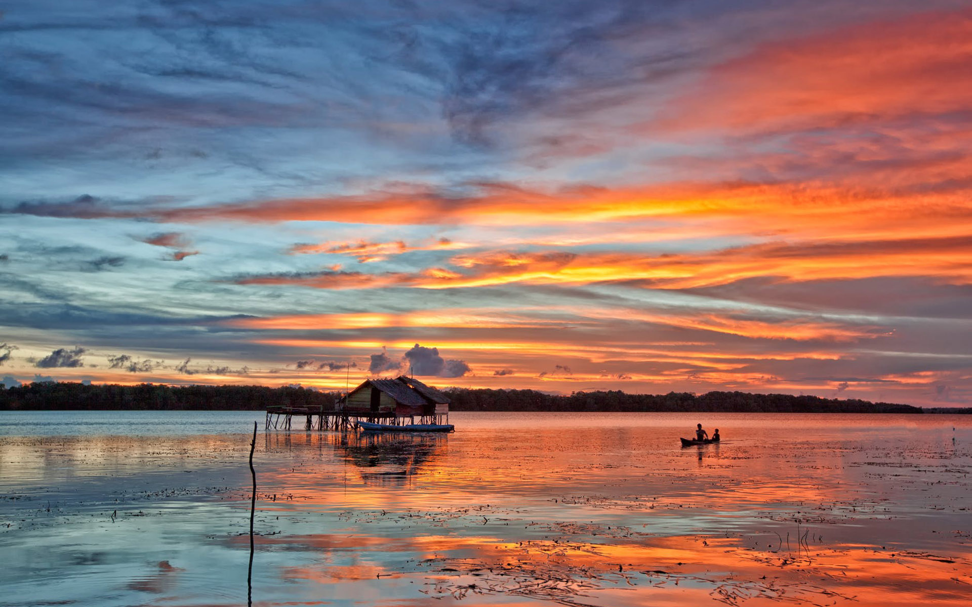 落日余晖,晚霞,渔村