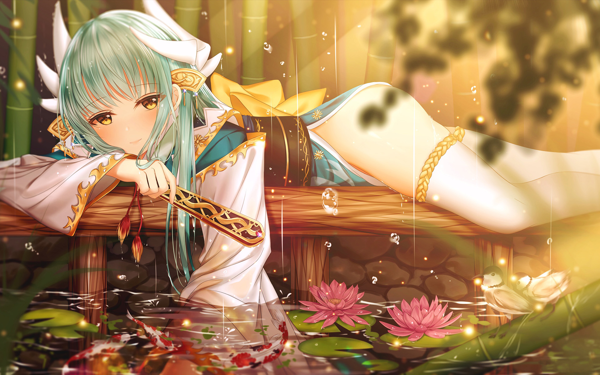 卡通人物,二次元,雨,水池,荷花