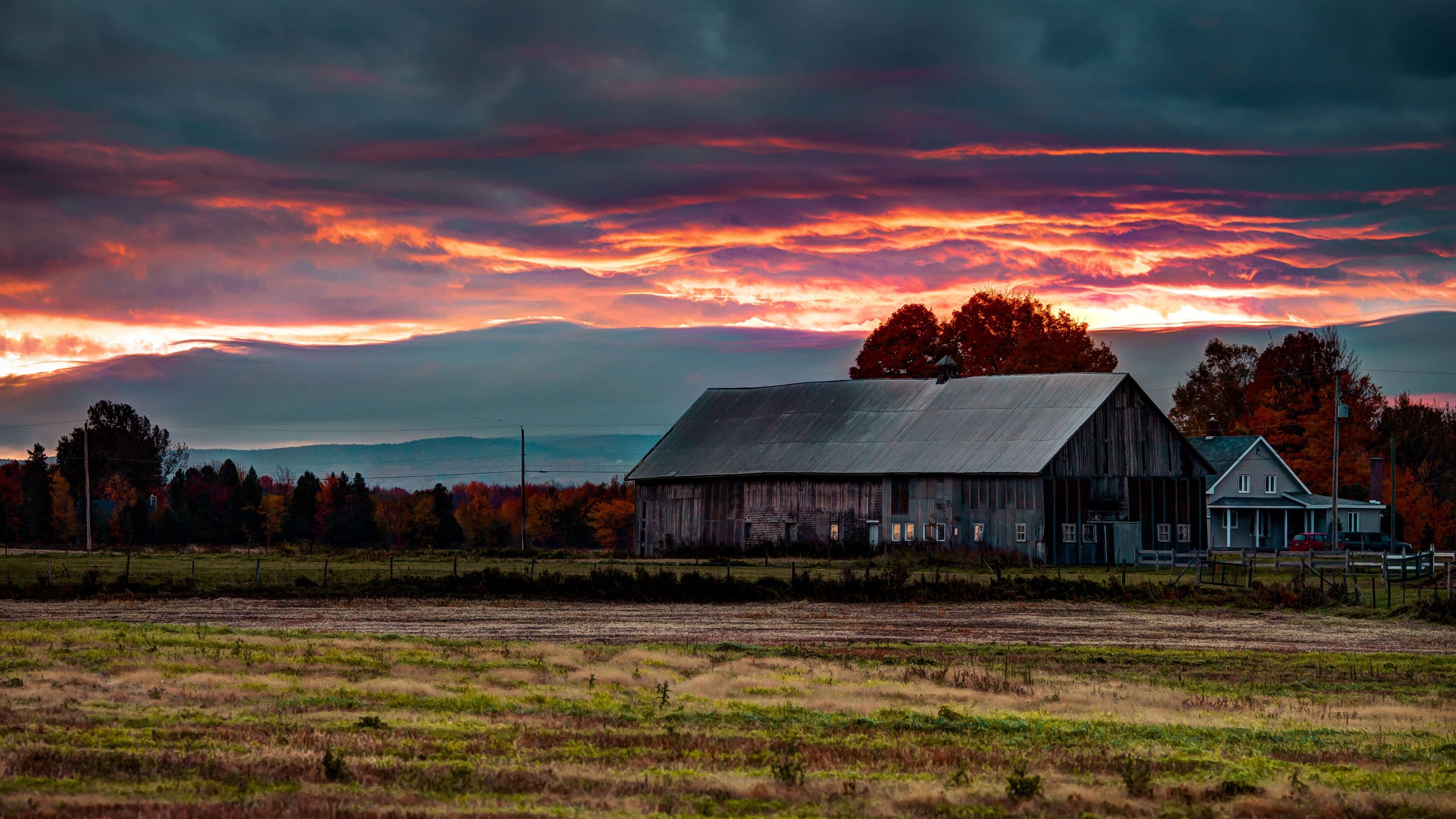 落日余晖,农场,晚霞