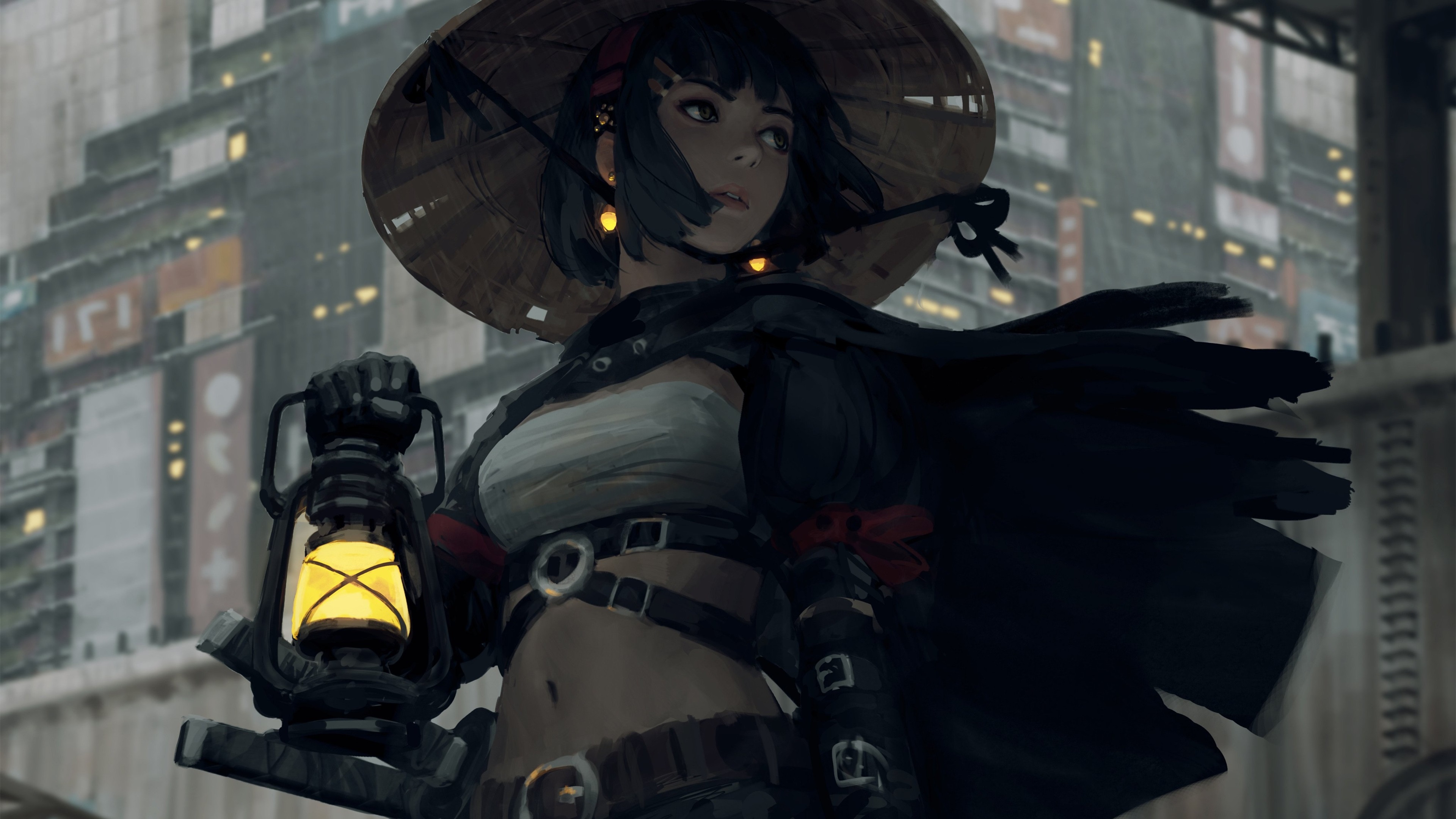 卡通人物,女武士,煤油灯,城市