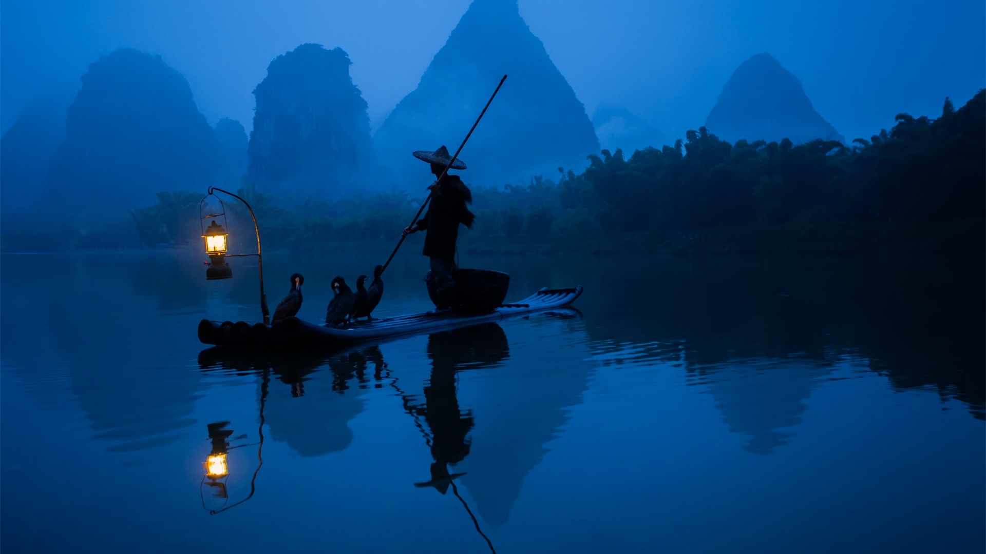 自然风光,桂林,夜晚,竹筏,渔民