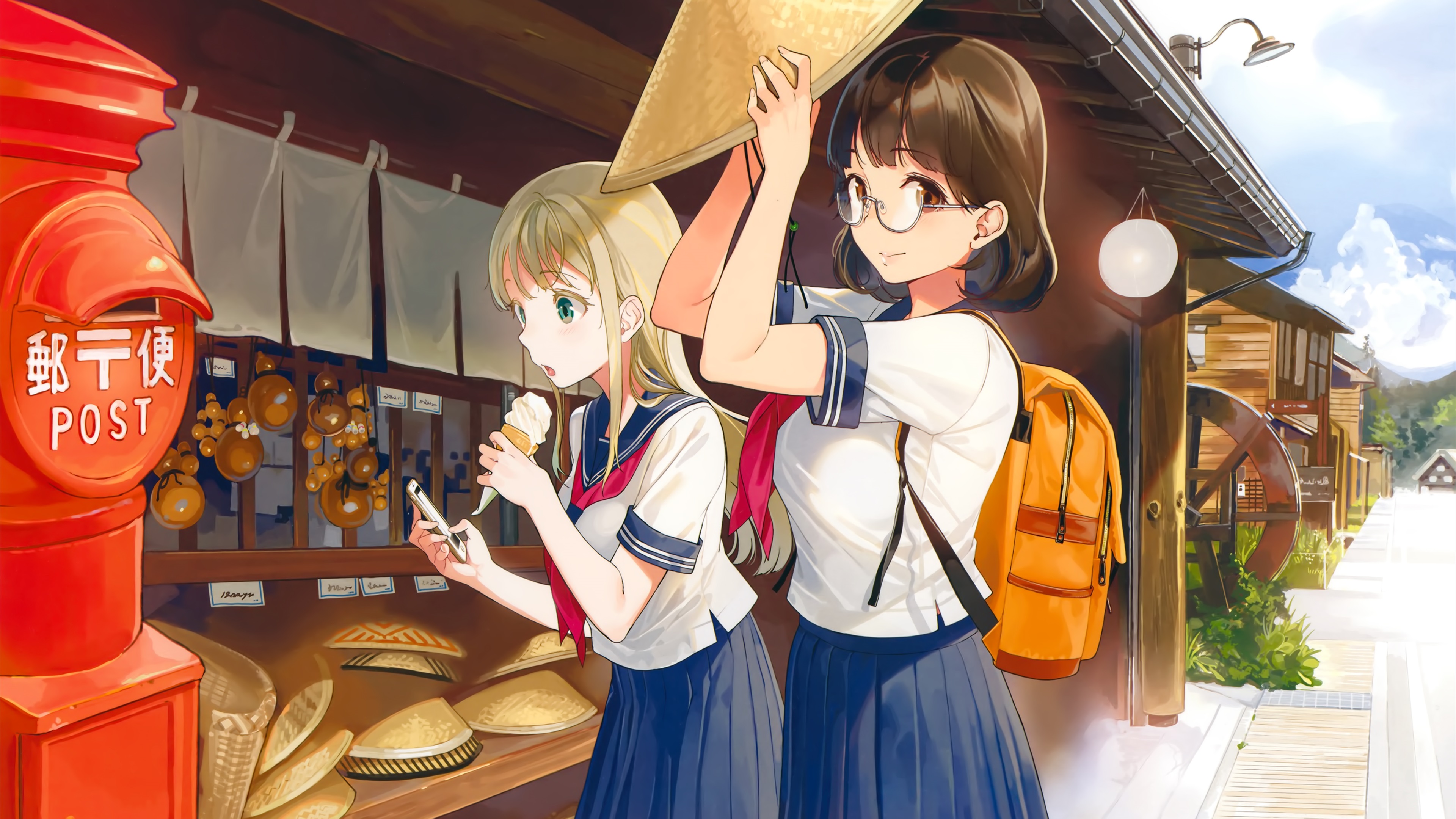 学校制服,短发女孩,逛街,斗笠