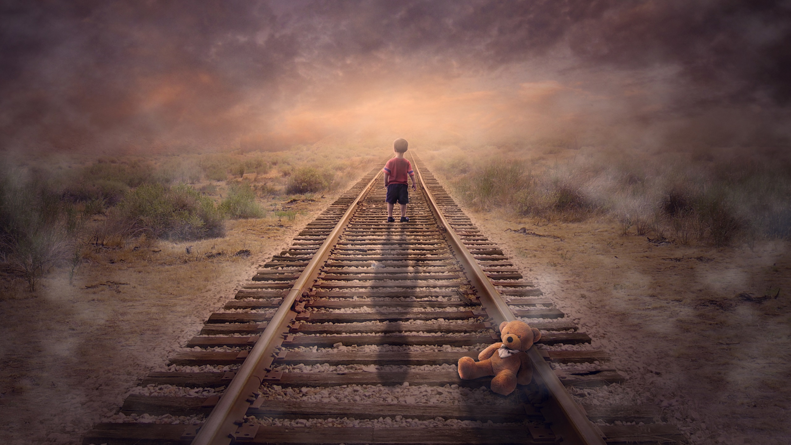 铁路,熊布偶,小孩