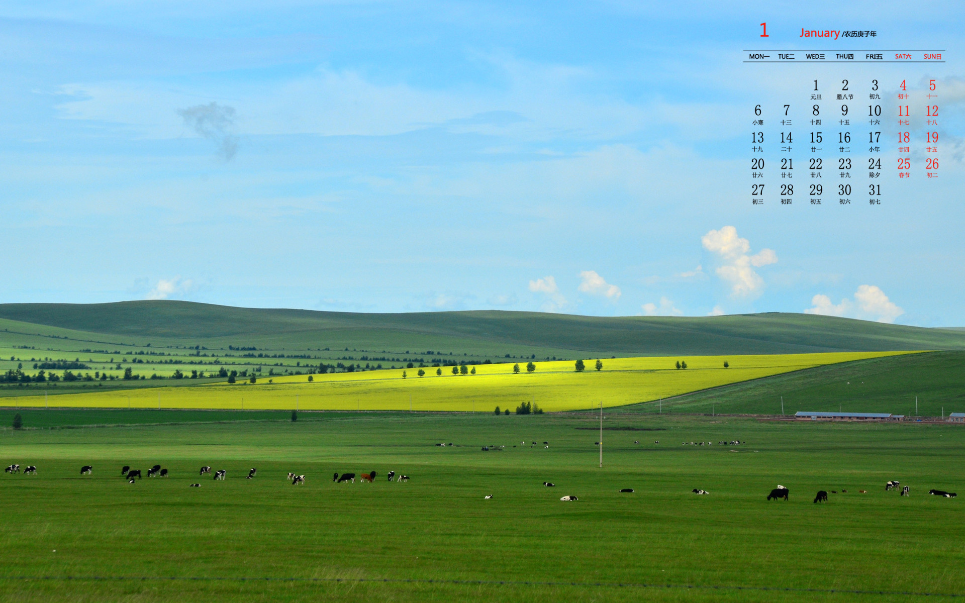 月历,日历,2020年1月
