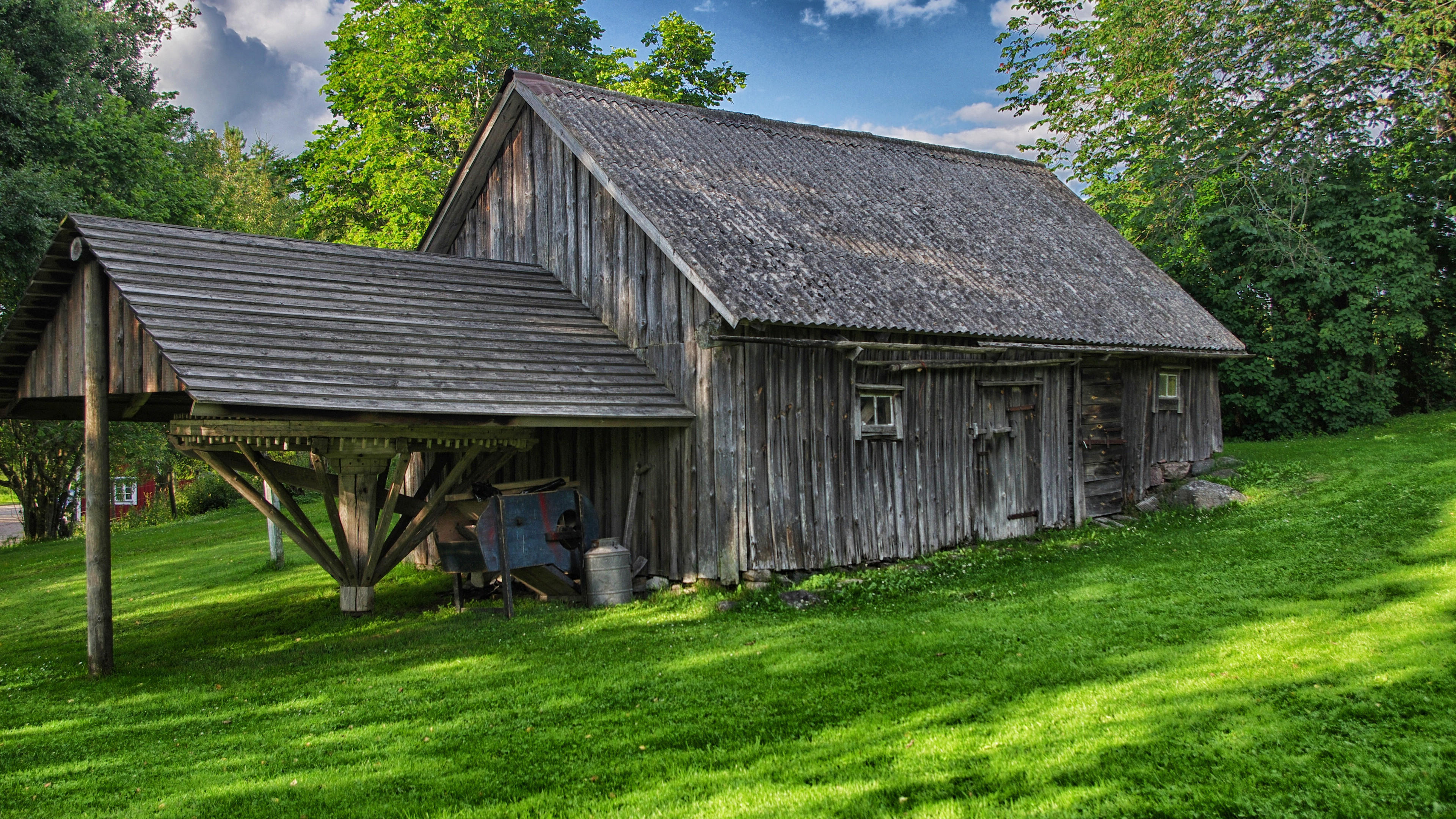 春意盎然,小木屋,草坪