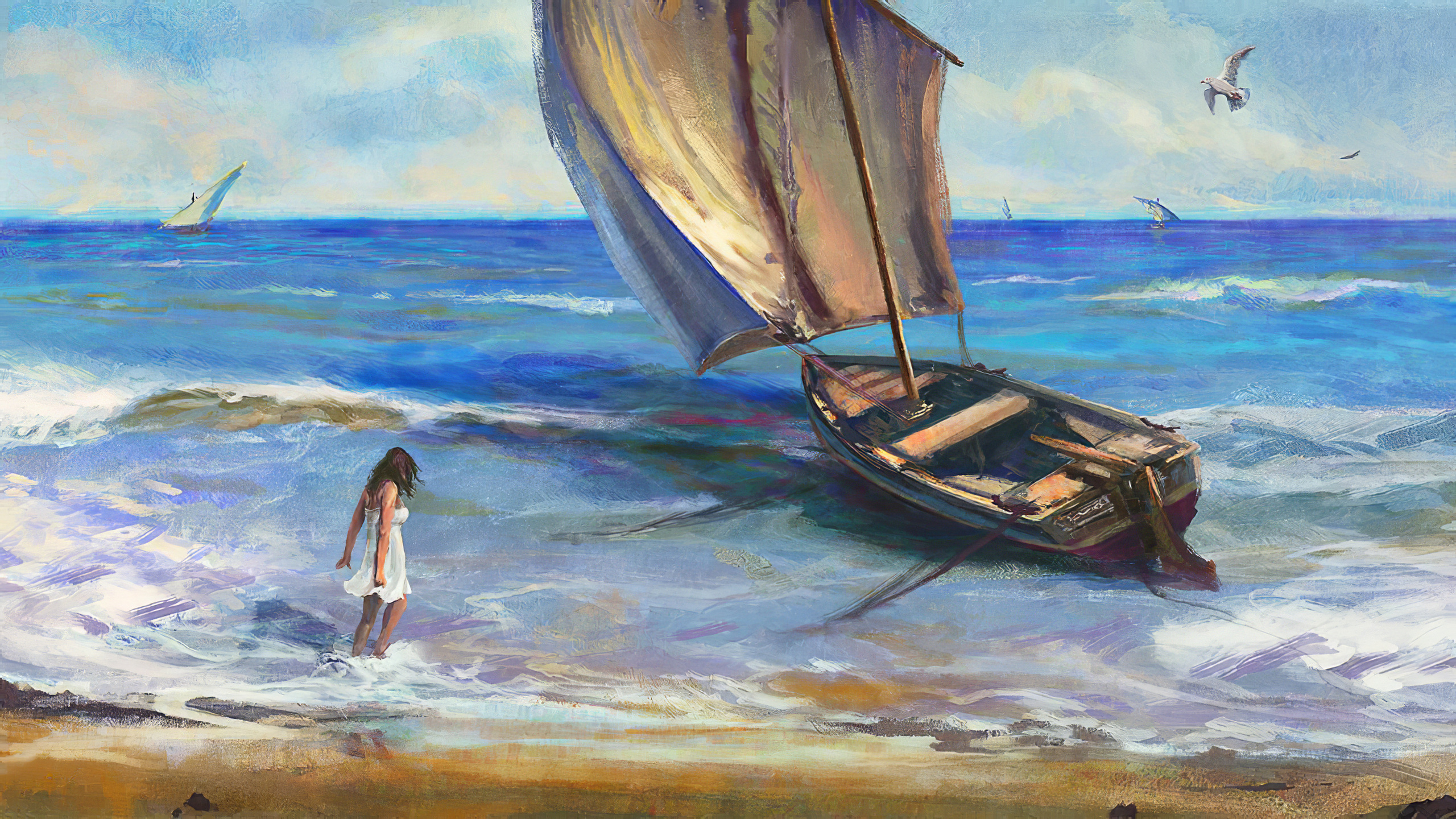 帆船,海鸥,海浪