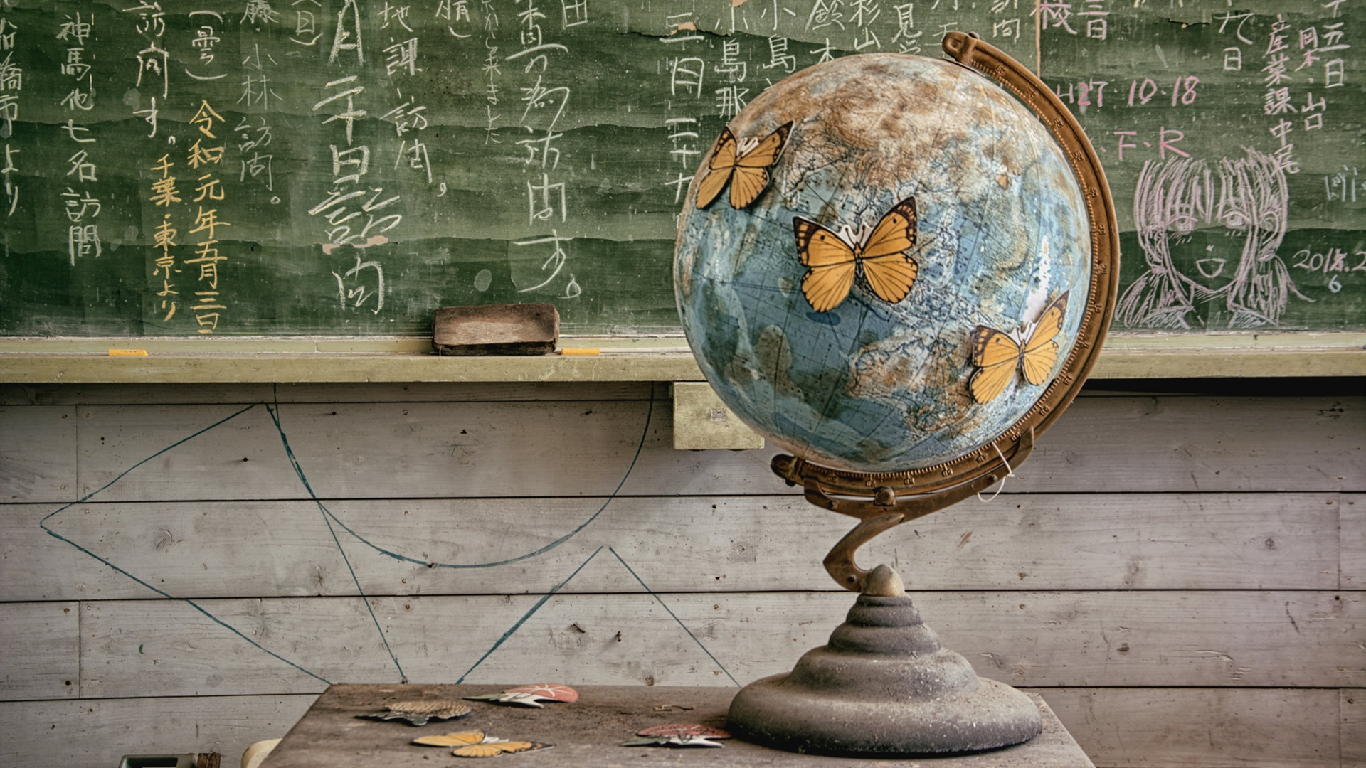 教室,蝴蝶,地球仪