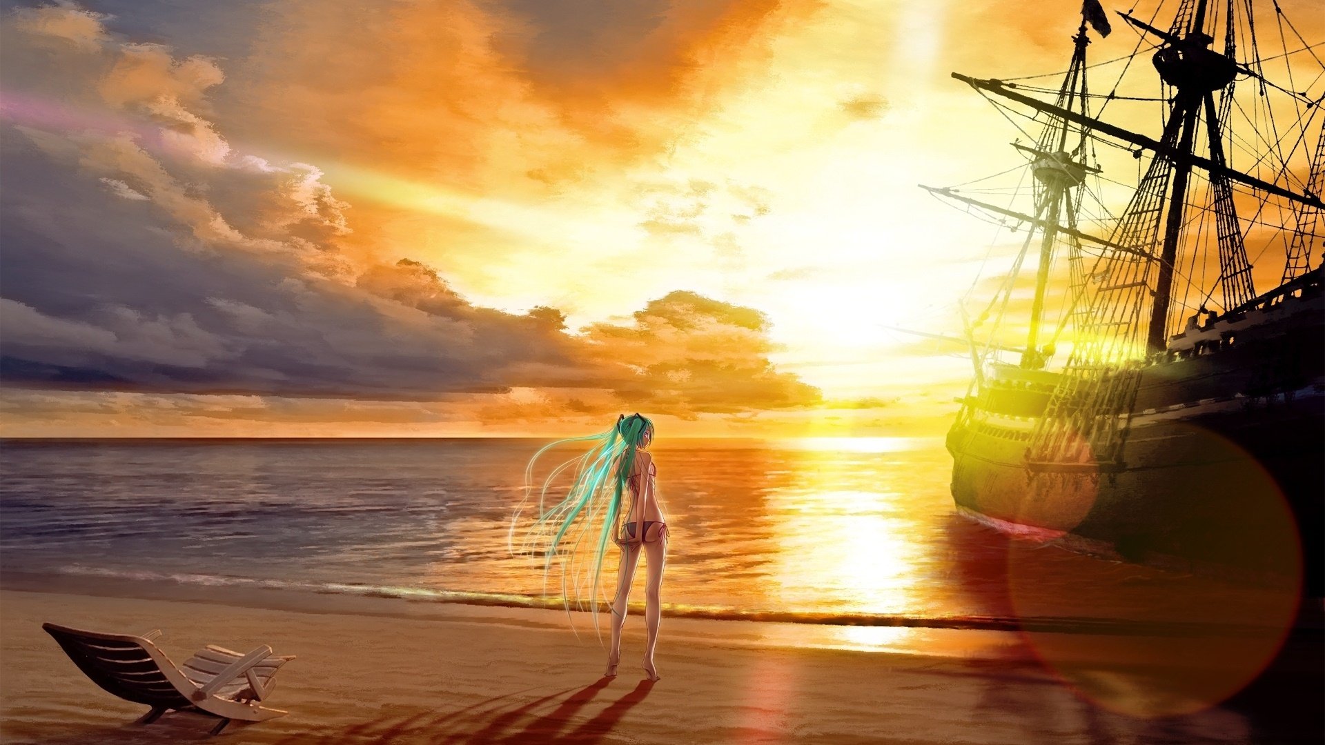 动漫,动漫少女,初音未来,海岸,黄昏,儿童桌面专用