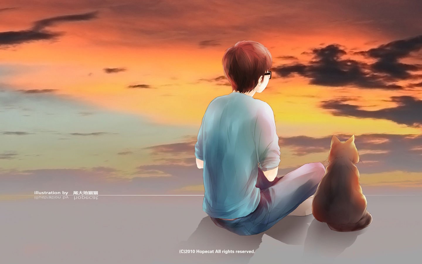 动漫,插画,黄昏,尾大的猫猫,儿童桌面专用