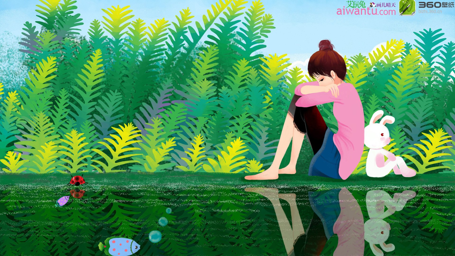 动漫,卡通,插画,手绘,画儿晴天,河边,儿童桌面专用