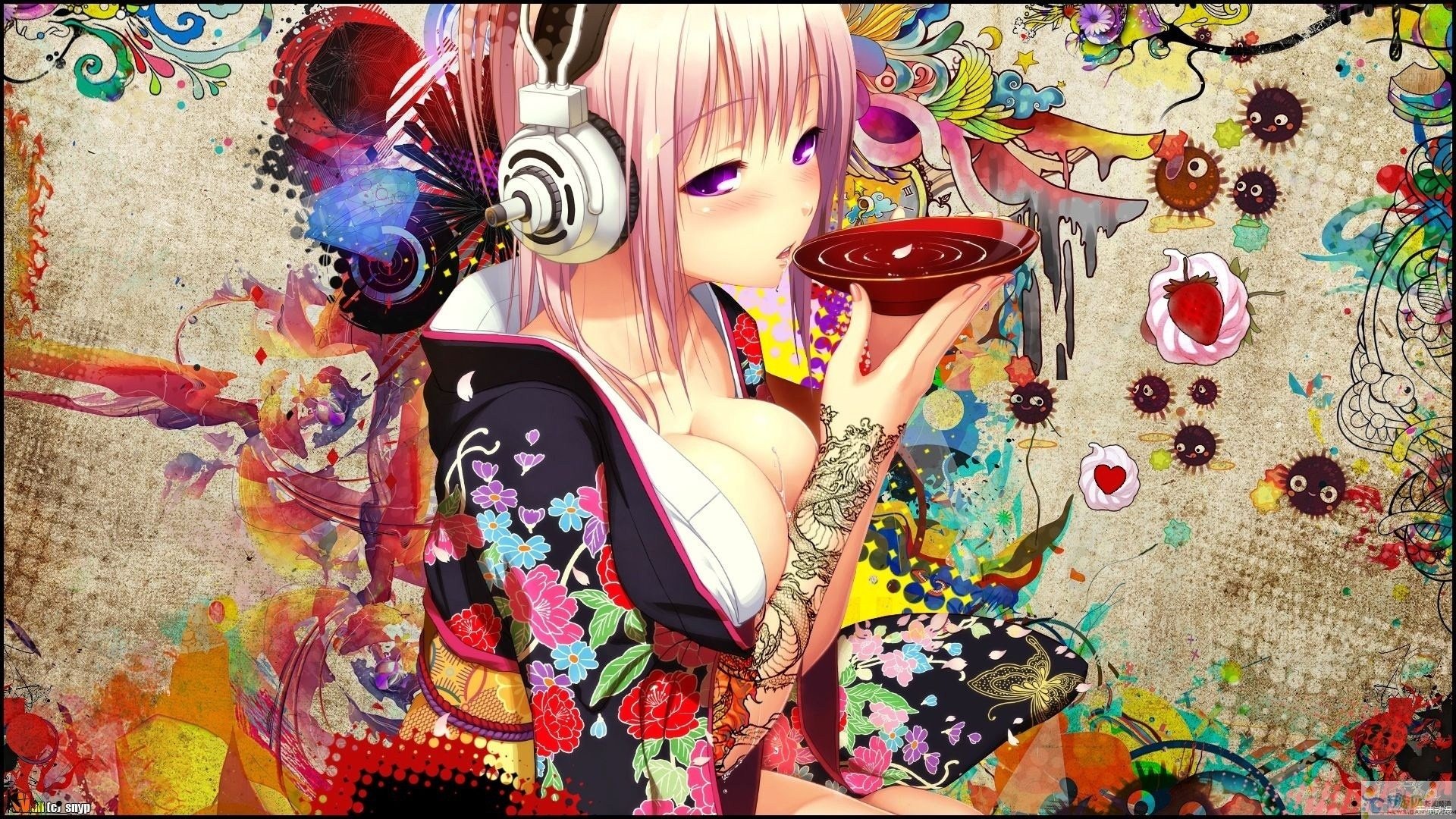 动漫,动漫少女,耳机少女,巨乳,插画