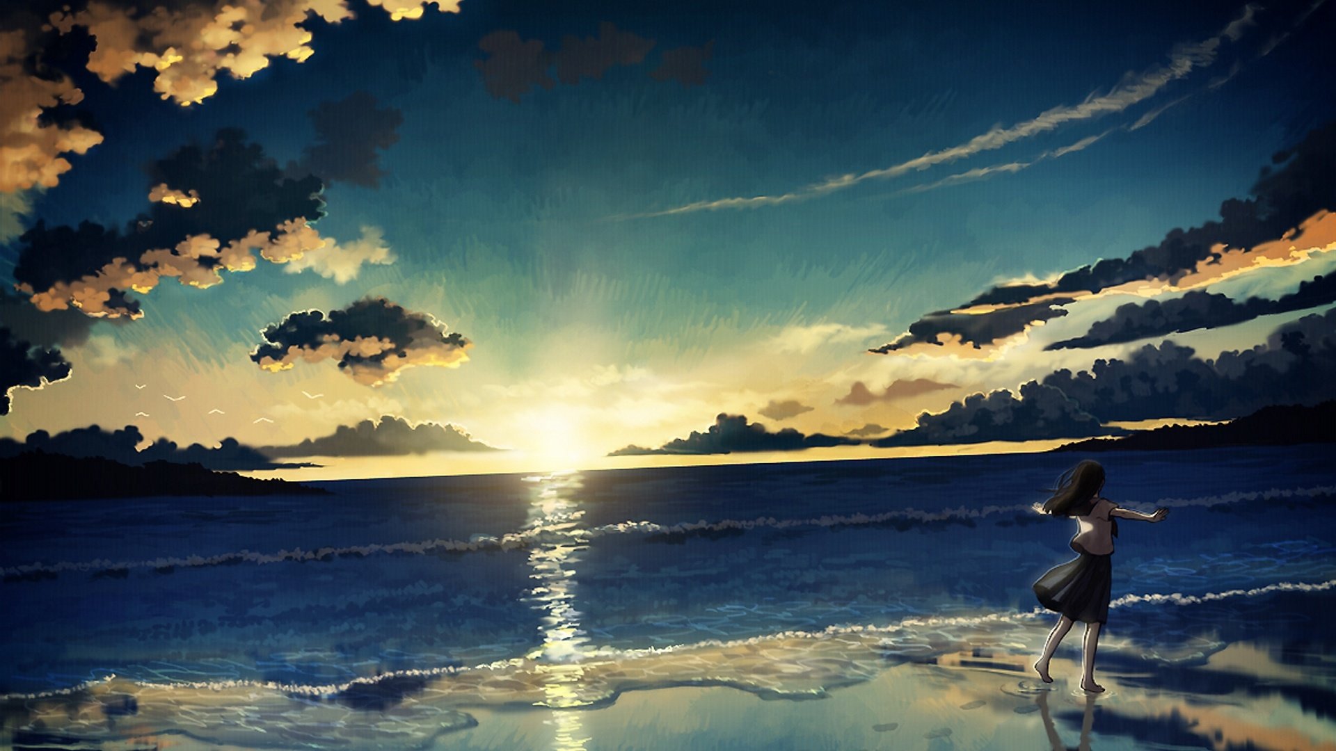 动漫,插画,手绘,海滩,黄昏,儿童桌面专用