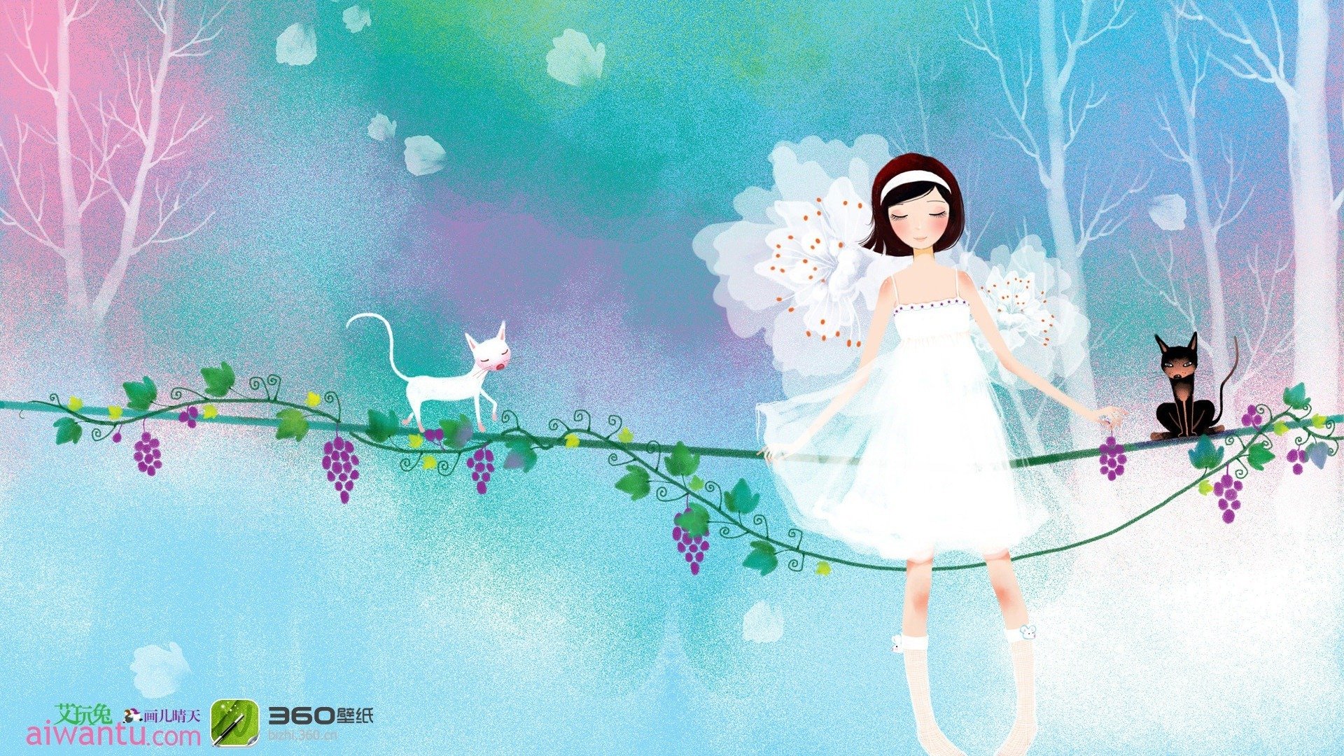 动漫,卡通,插画,手绘,画儿晴天,黑猫白猫,儿童桌面专用