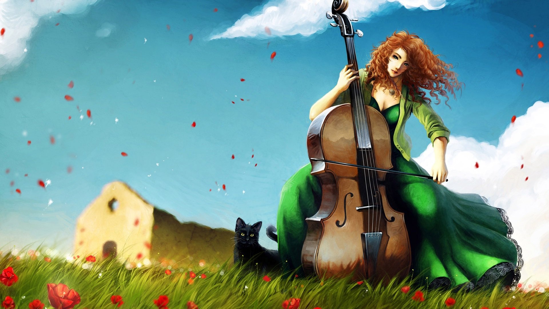 小清新,温馨一刻,女孩,大提琴,草地,2月22日,儿童桌面专用