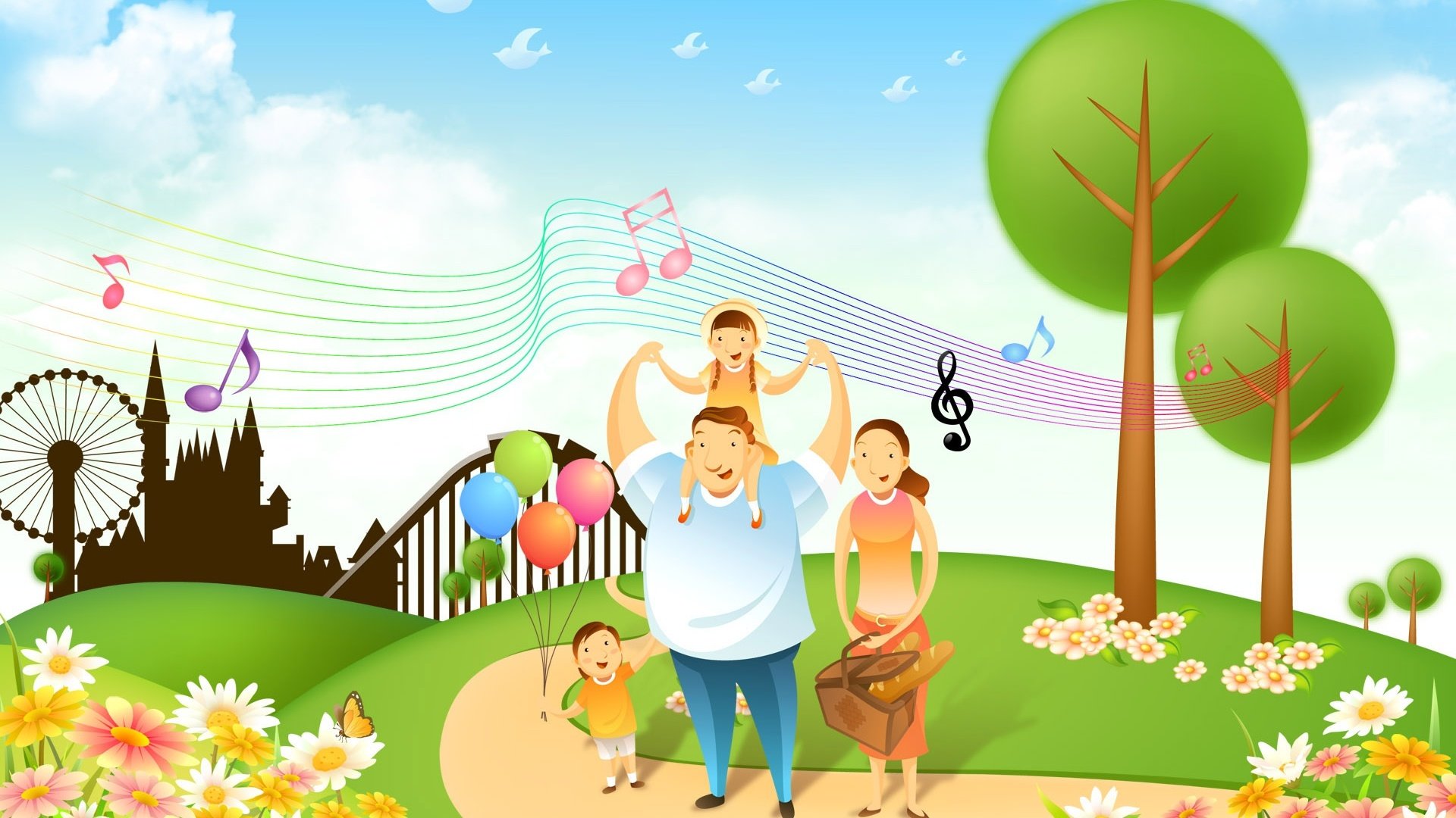 动漫,卡通,插画,家庭,温暖,一家四口,儿童桌面专用