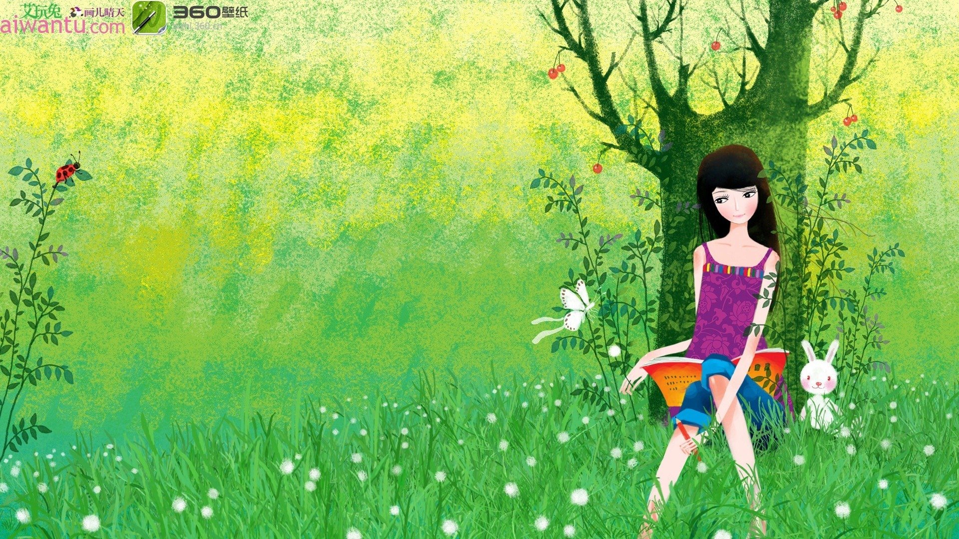 动漫,卡通,插画,手绘,可爱,画儿晴天,树下,儿童桌面专用