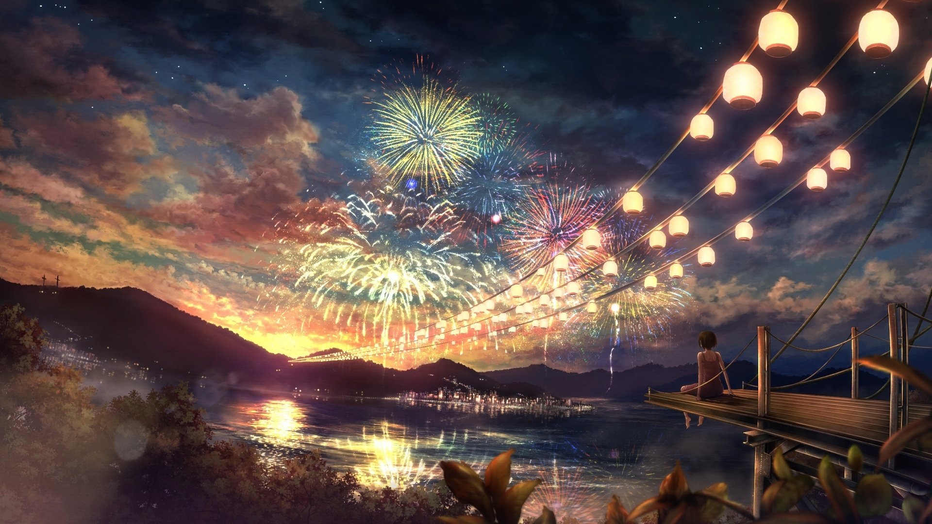 动漫,插画,手绘,场景,看烟火,儿童桌面专用