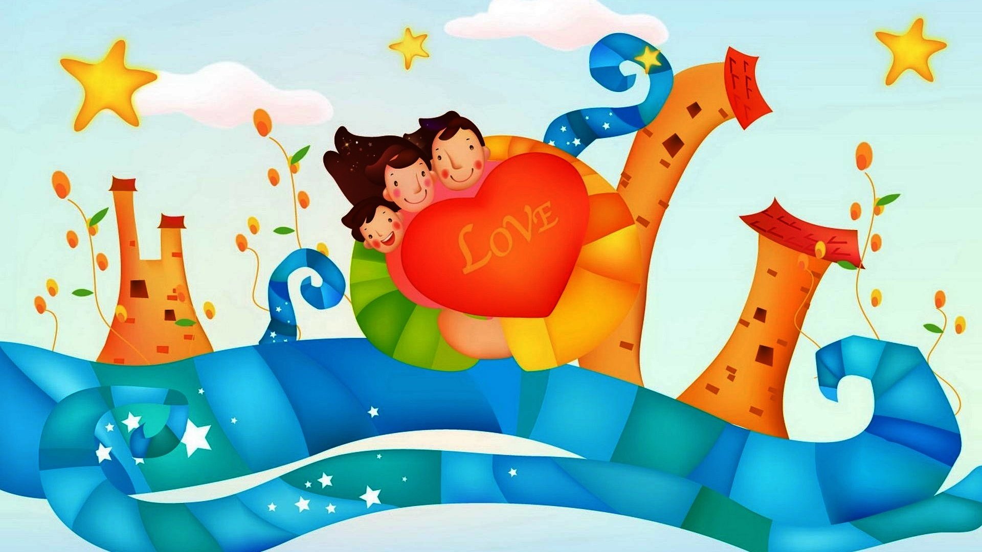 动漫,卡通,插画,一家三口,温暖,儿童桌面专用