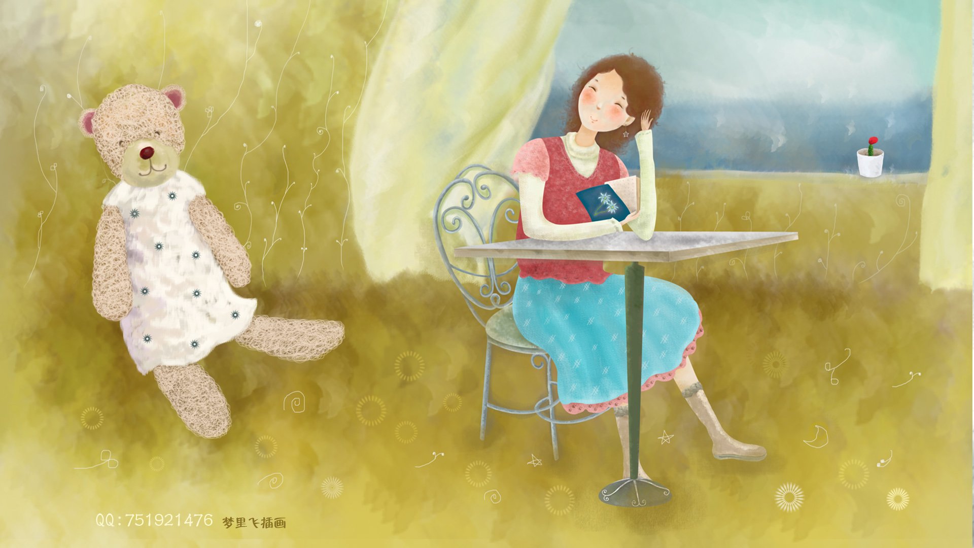 动漫,卡通,插画,手绘,梦里飞插画,思考,儿童桌面专用