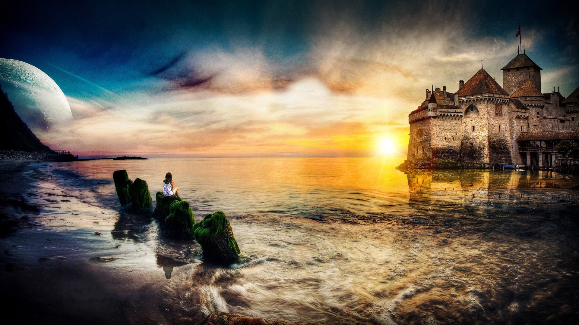 风景,奇幻梦境,大海,夕阳,落日,晚霞,儿童桌面专用