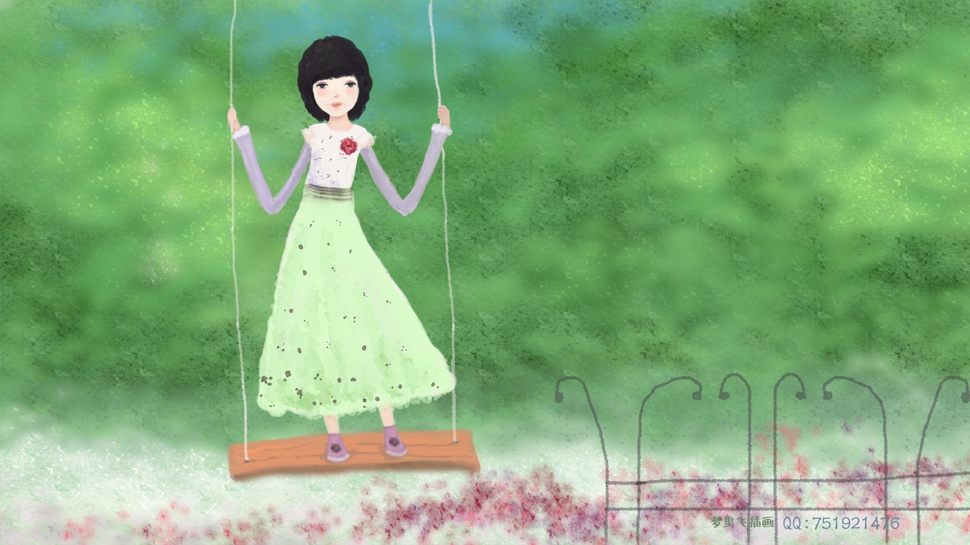 动漫,卡通,插画,手绘,梦里飞插画,荡秋千,儿童桌面专用