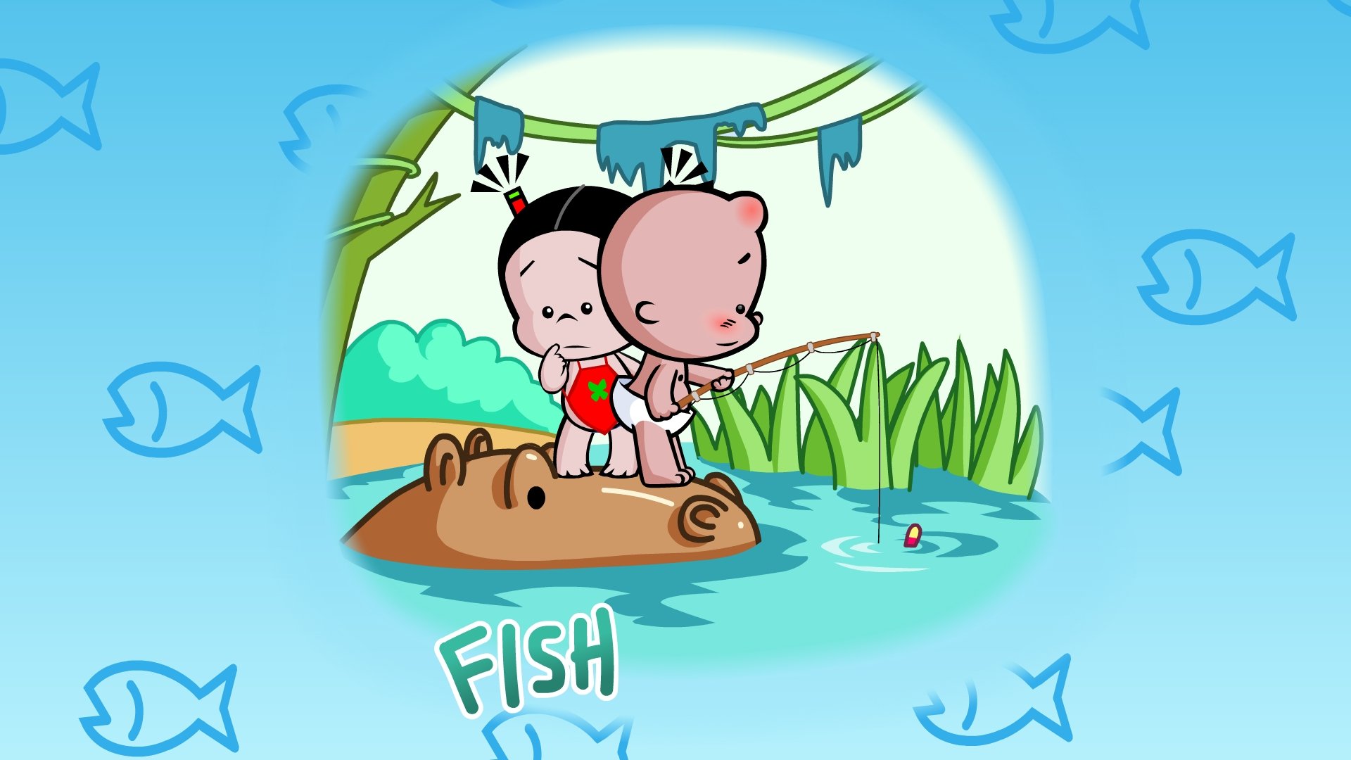 动漫,卡通,插画,手绘,破小孩,钓鱼,儿童桌面专用