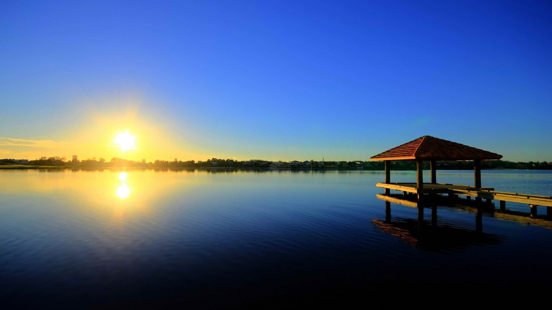 风景,落日,夕阳,晚霞,亭子,湖泊,儿童桌面专用