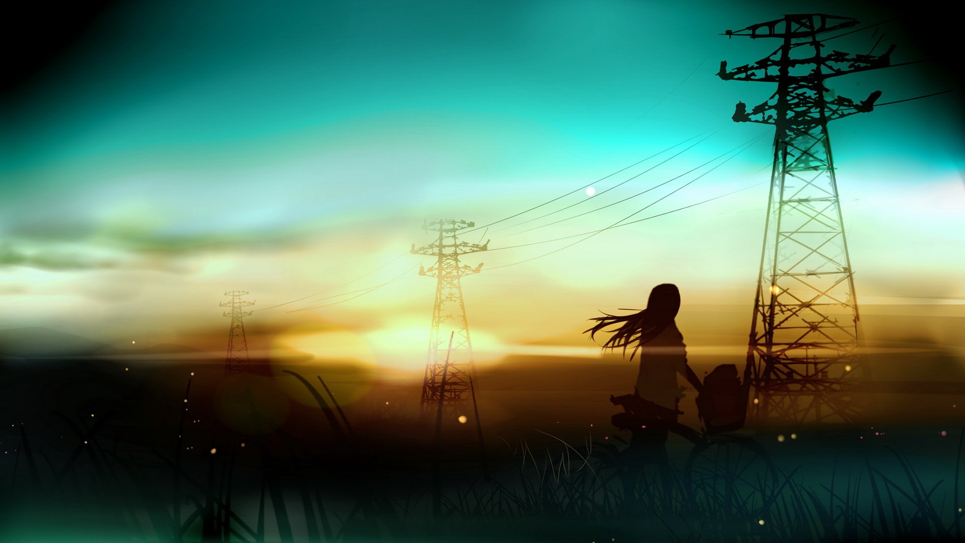 风景,电线,旷野,少女,单车,晚霞,夕阳,手绘,唯美,清新,儿童桌面专用