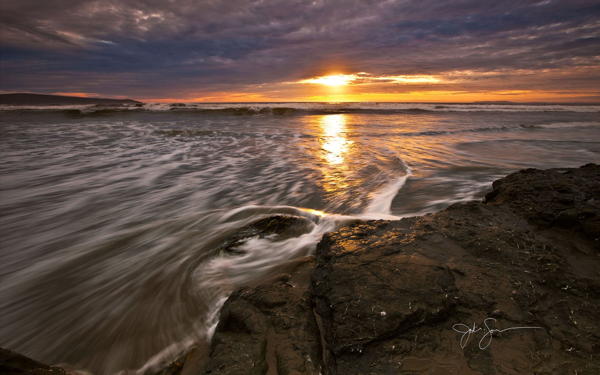 风景,落日,地平线,大海,浪花,儿童桌面专用