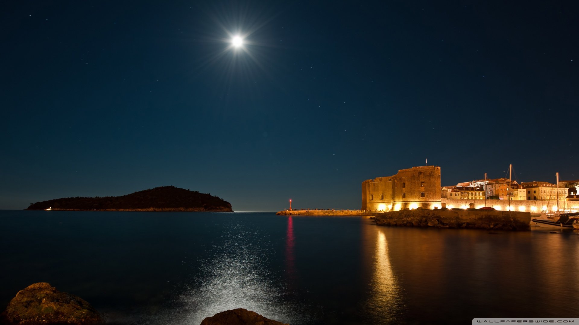 风景,夜空,圆月,月亮,码头,灯塔,港口,儿童桌面专用