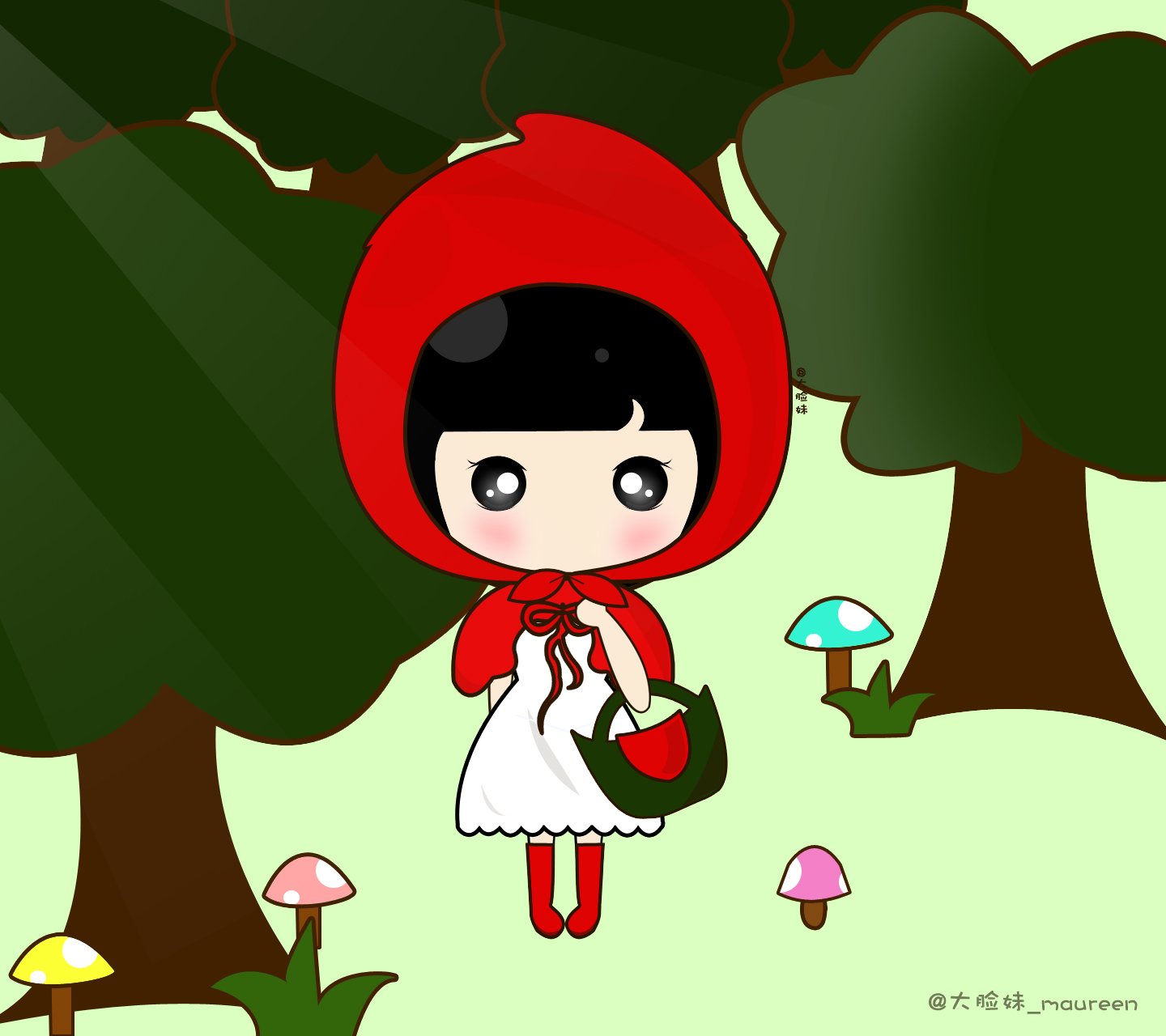 大脸妹,卡通,手绘