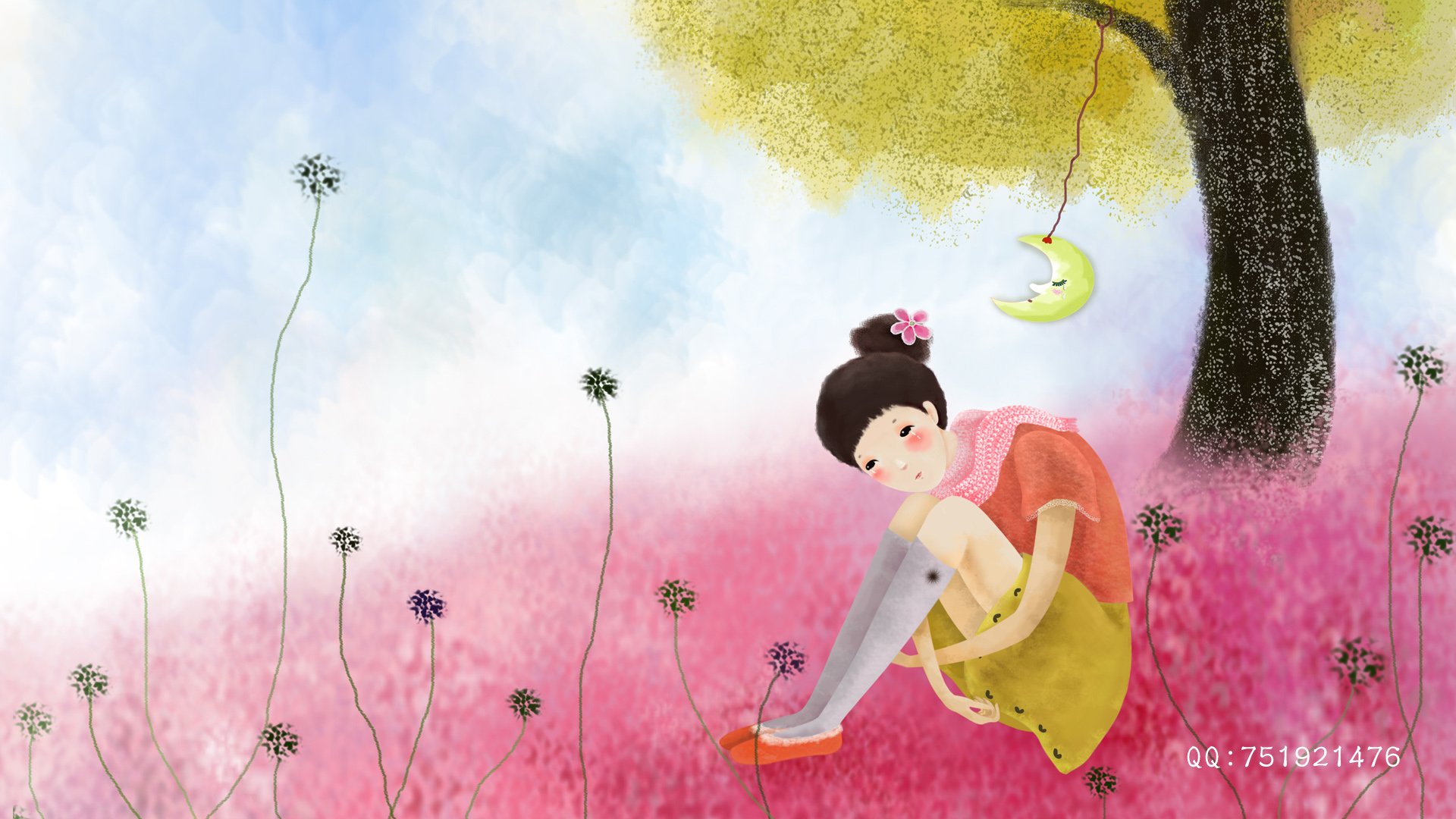 梦里飞插画,女孩,梦幻