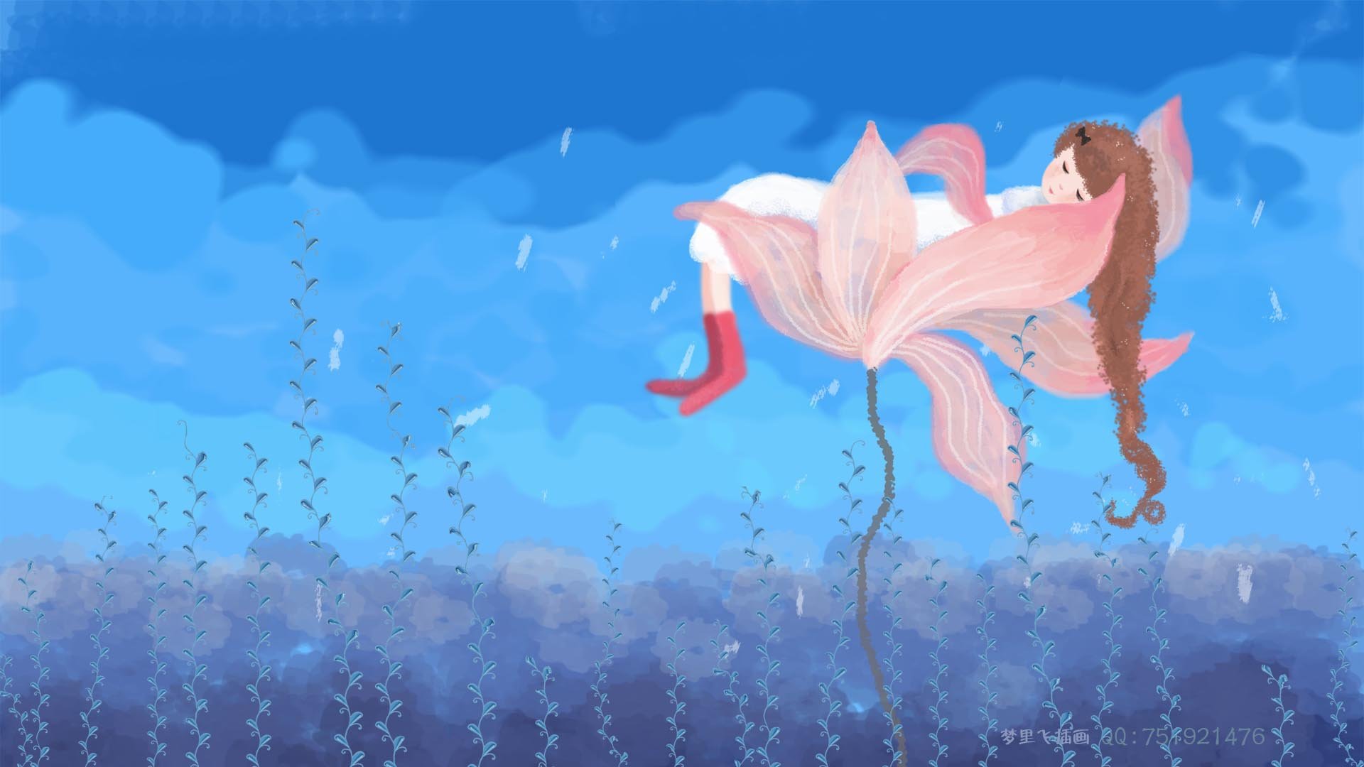 梦里飞插画,女孩,梦幻
