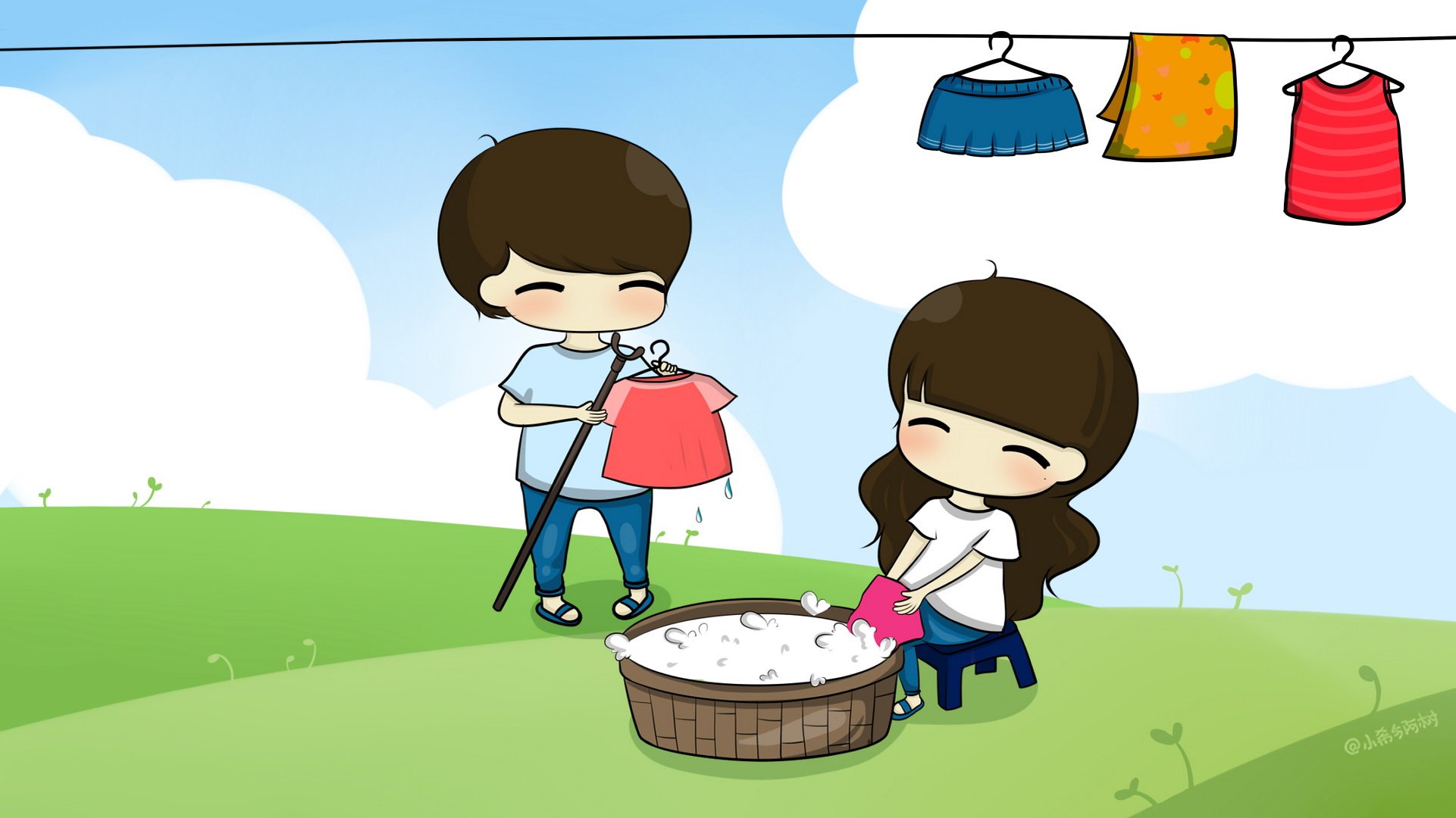 小希和阿树,卡通,手绘,可爱,爱情