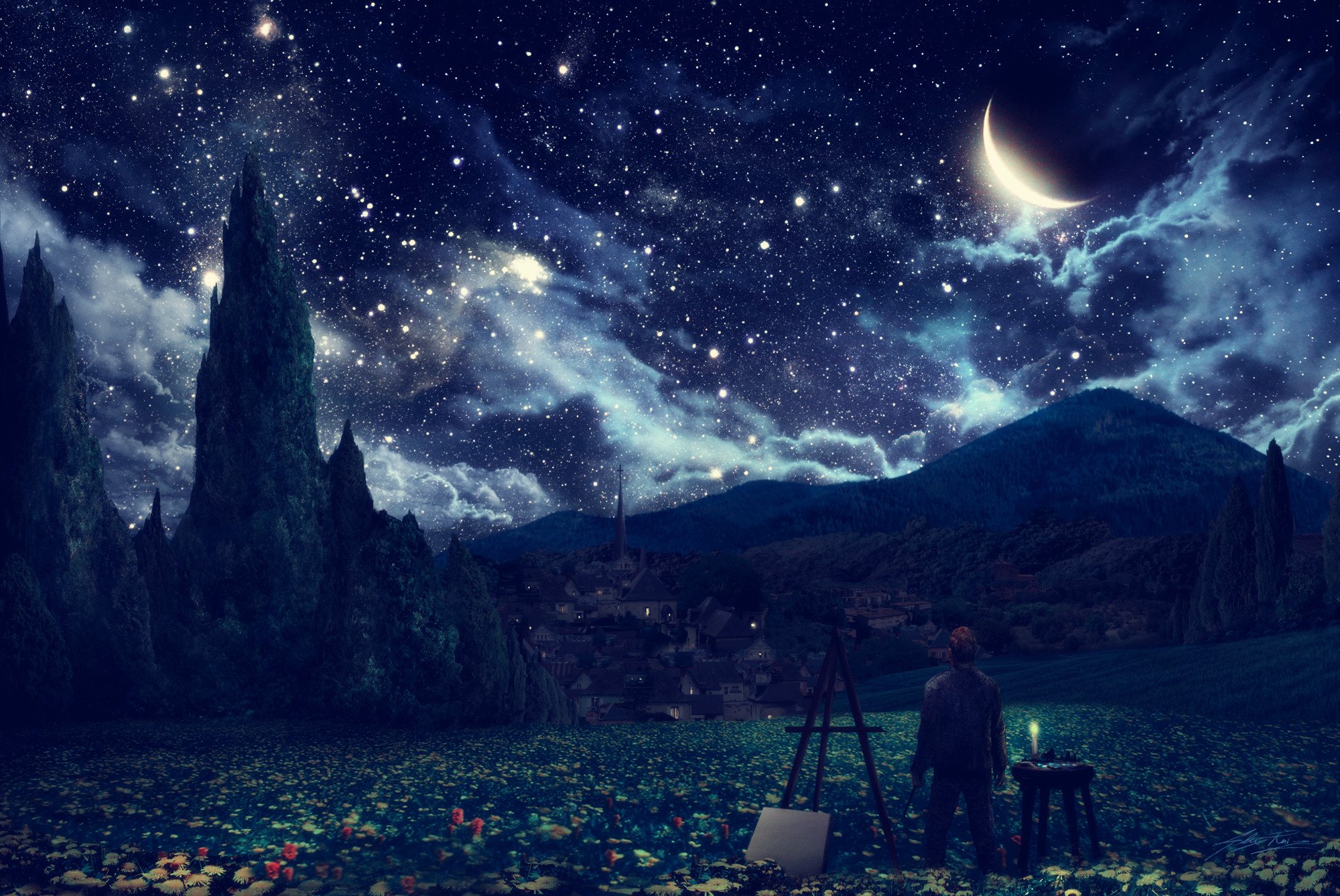 夜晚,月亮,月光,星星,繁星