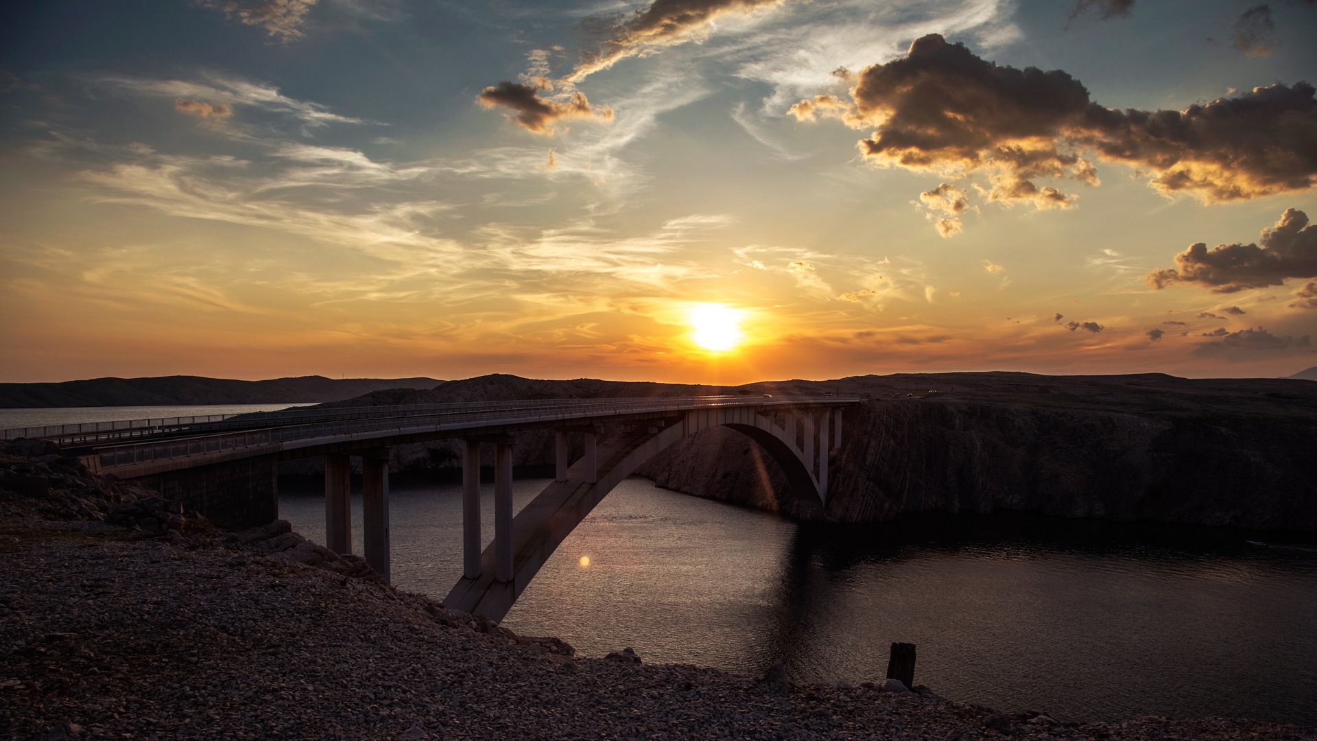 风景,落日,桥,江