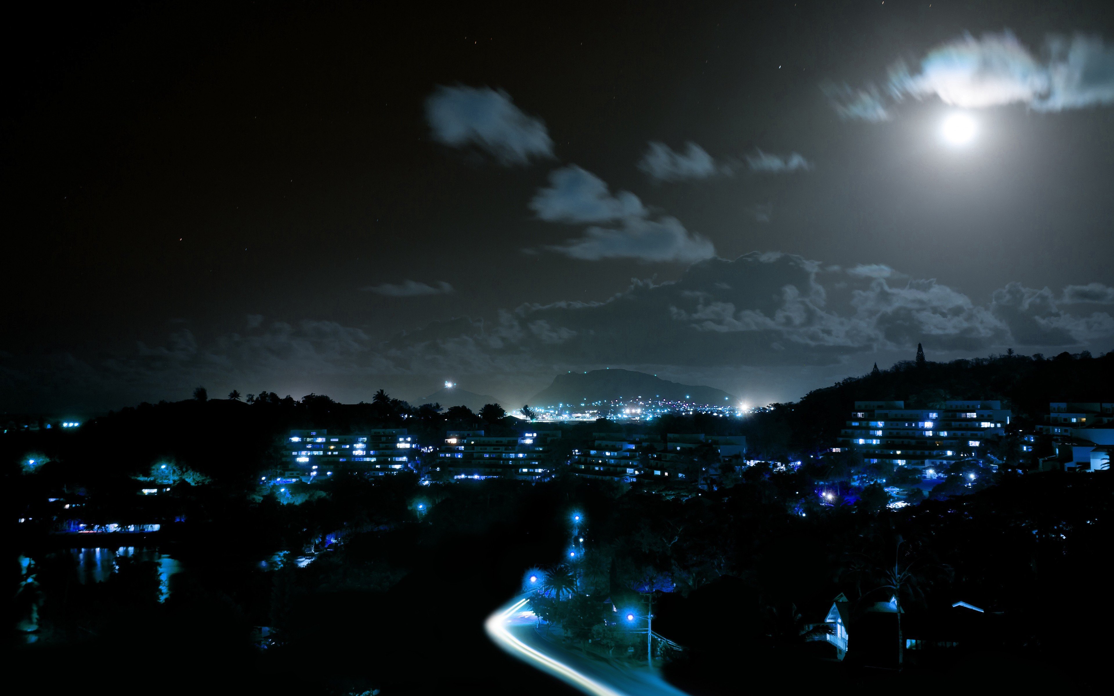 夜景,都市,山路