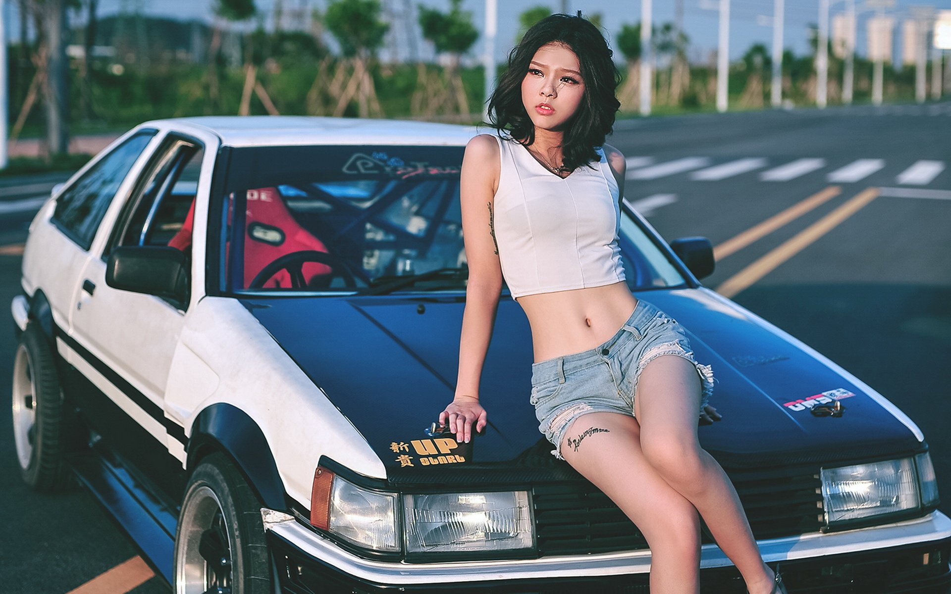 秋名山,战车,丰田,AE86,美女,模特,宽屏