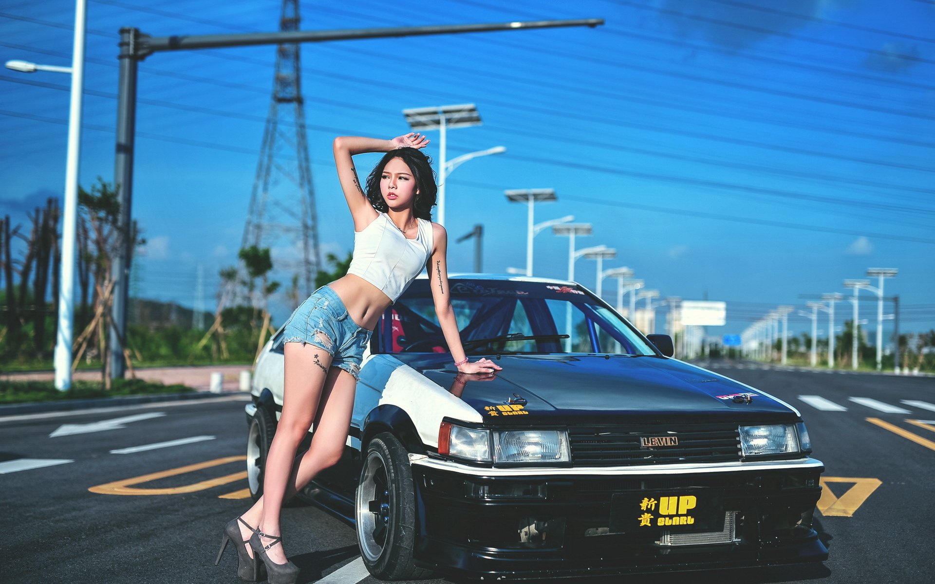 秋名山,战车,丰田,AE86,美女,模特,宽屏