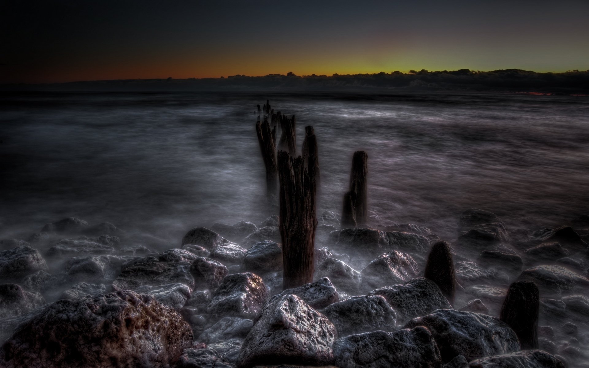 风景,夜景,海水,岩石
