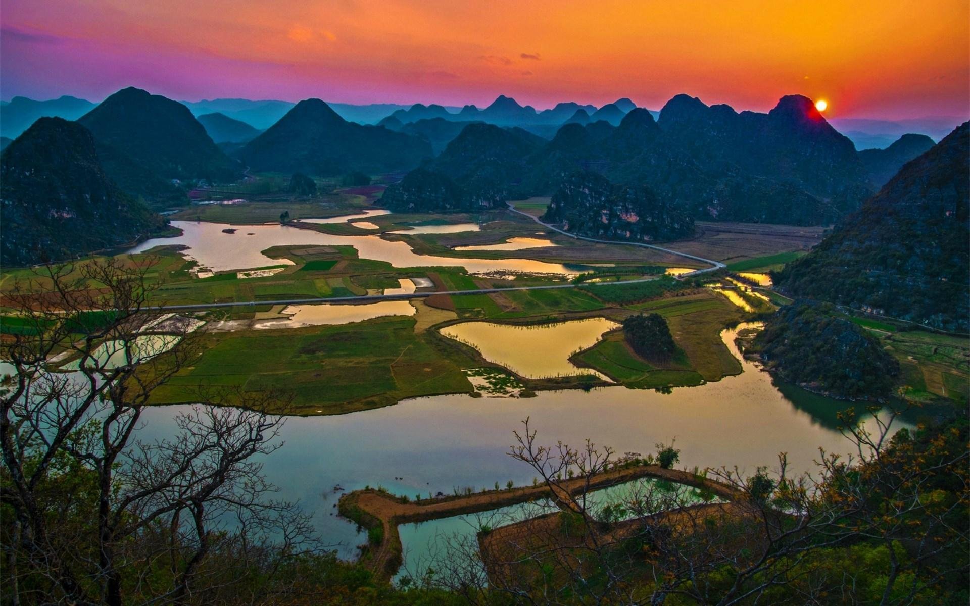 风景,云南,落日余晖,普者黑景观,宽屏